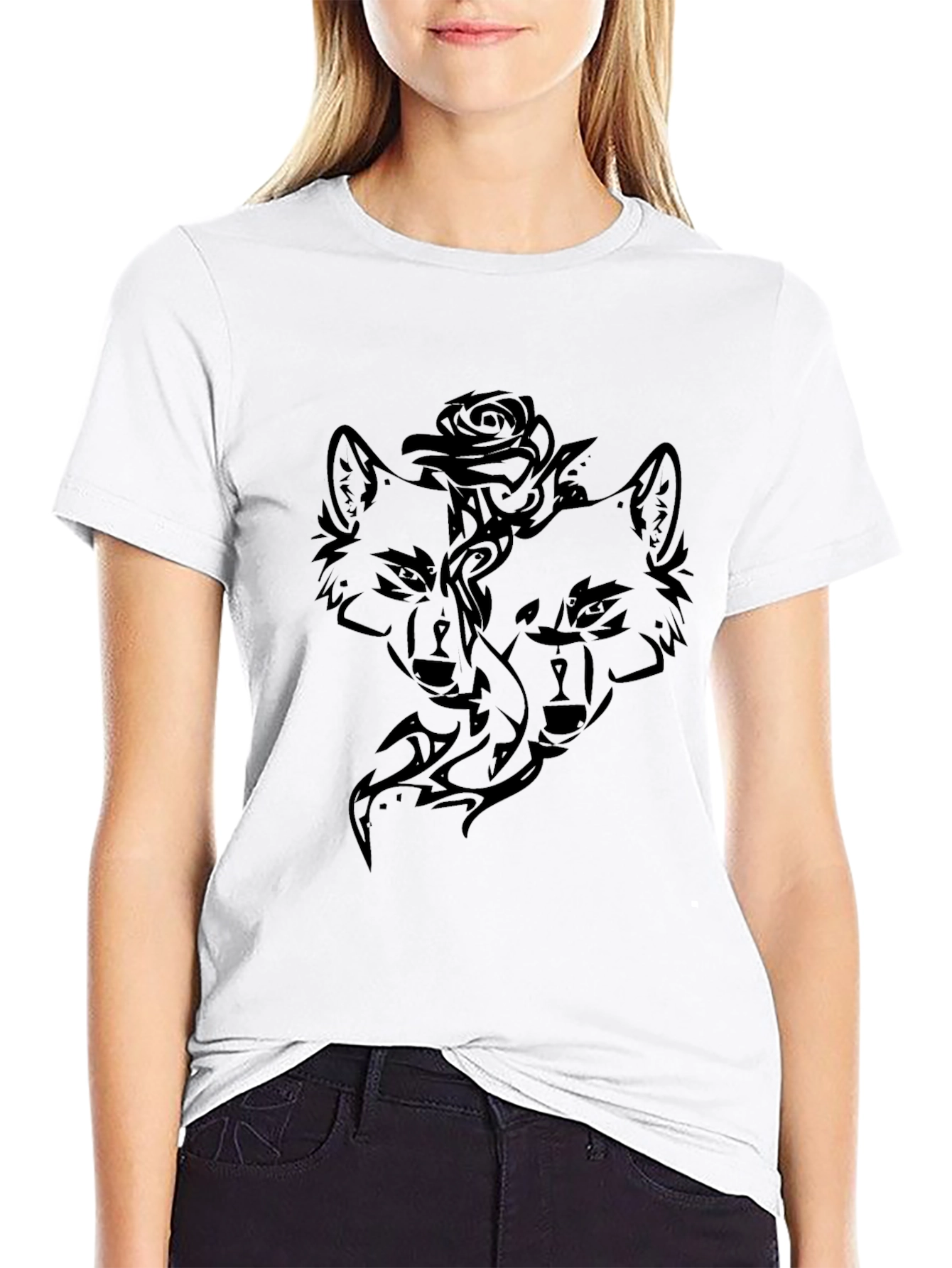 Tribal Wolf & Rose Graphic Black T-Shirt