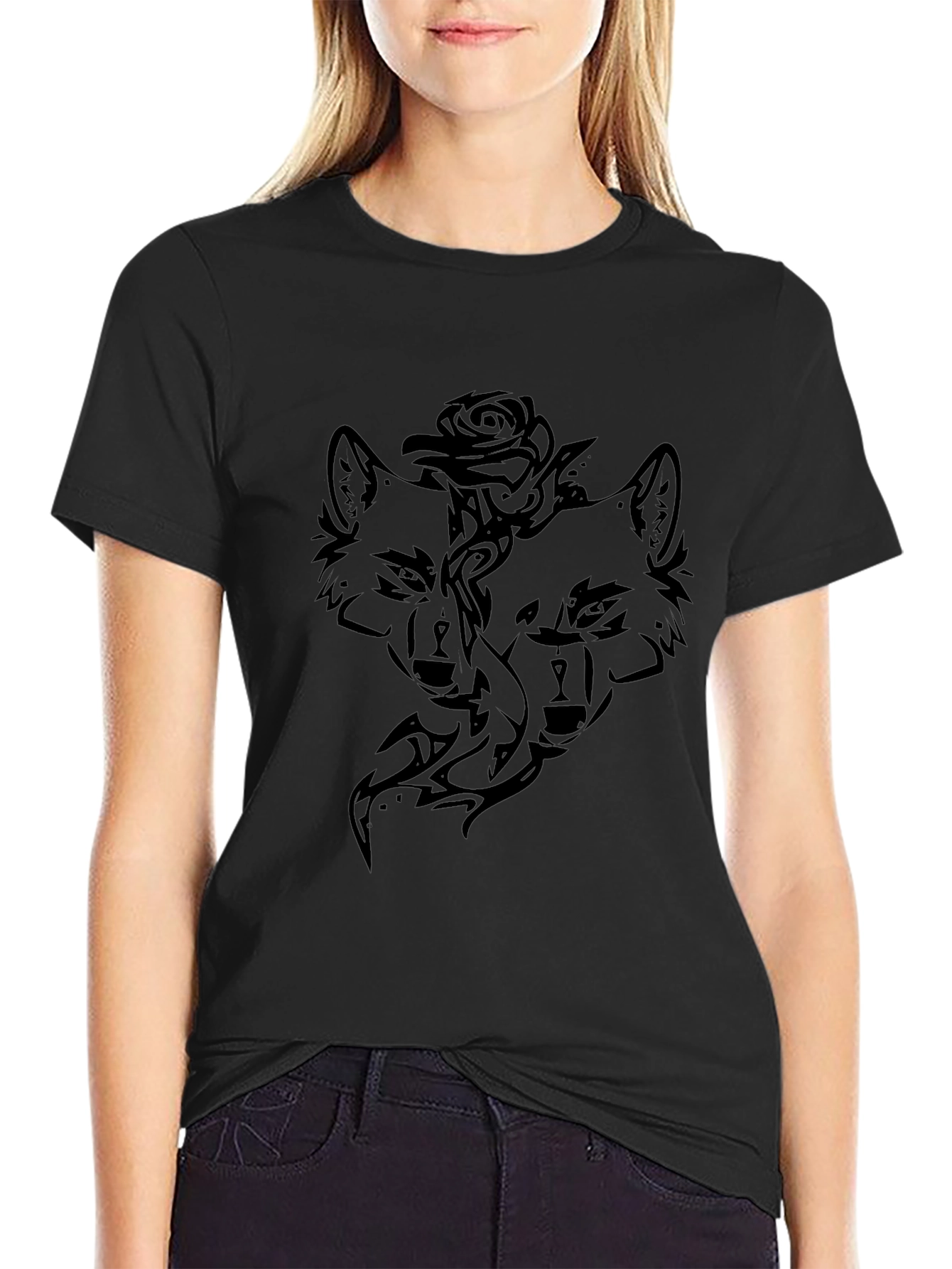 Tribal Wolf & Rose Graphic Black T-Shirt