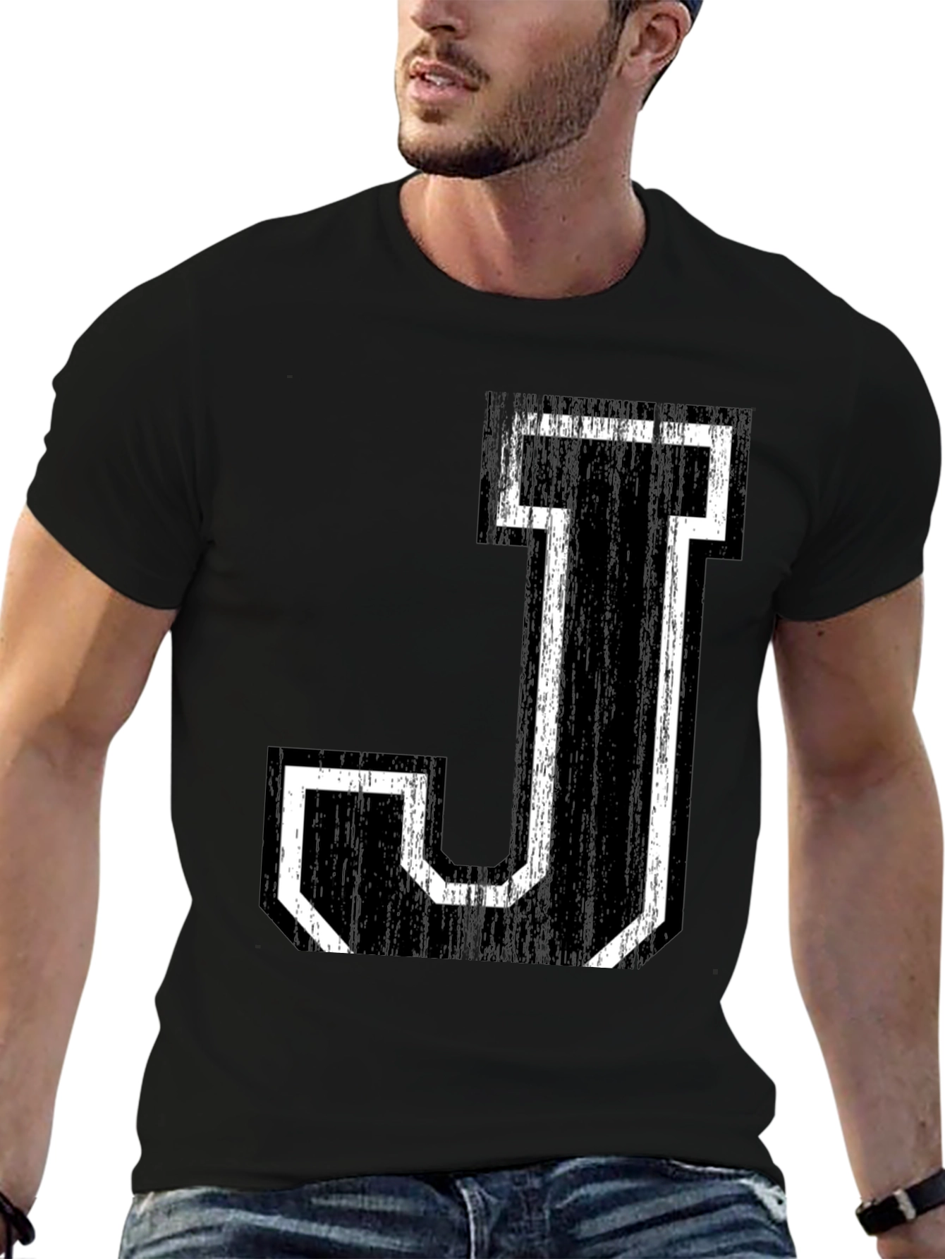 Letter J Graphic Tee - Black Cotton Shirt