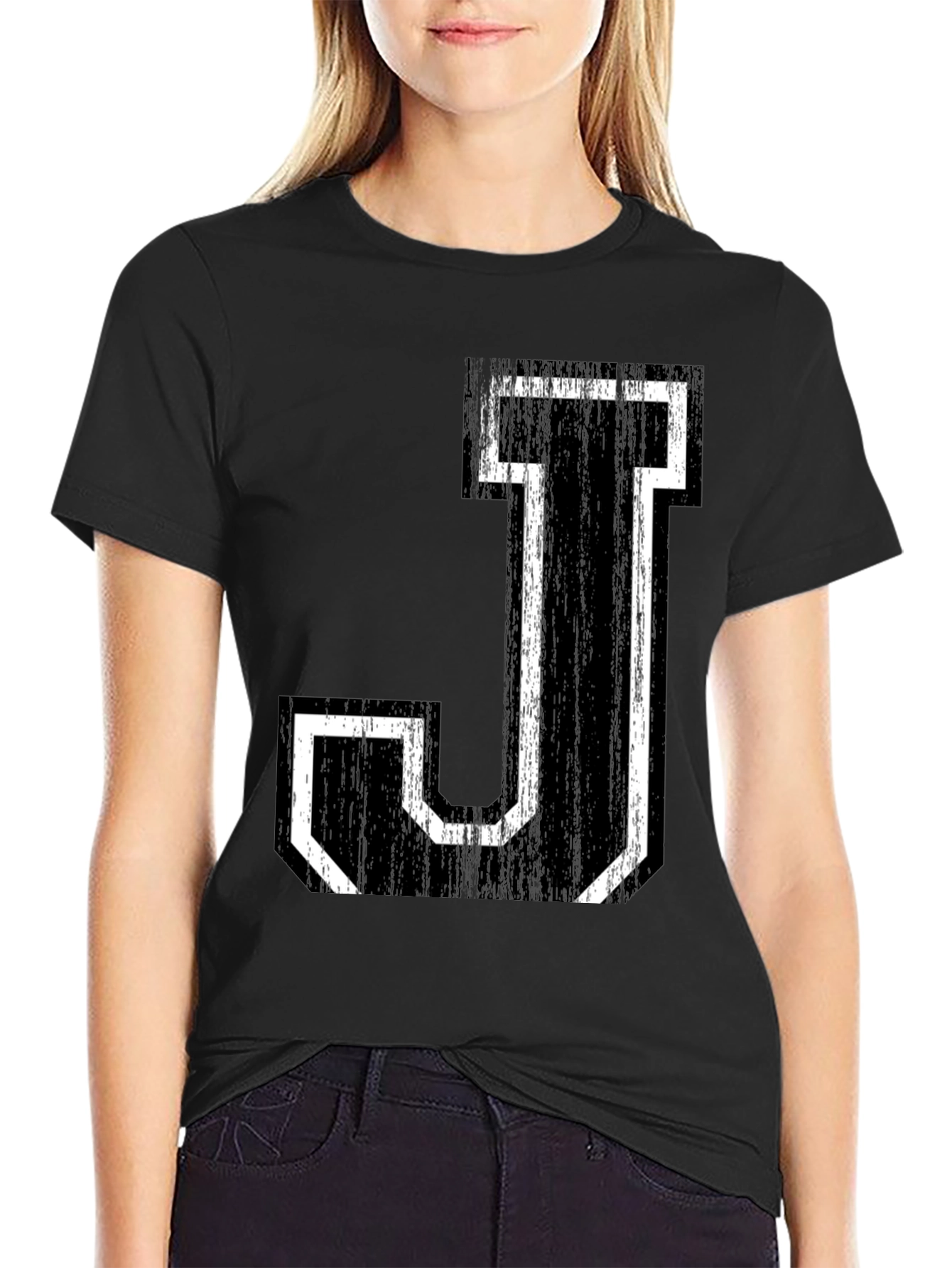 Letter J Graphic Tee - Black Cotton Shirt