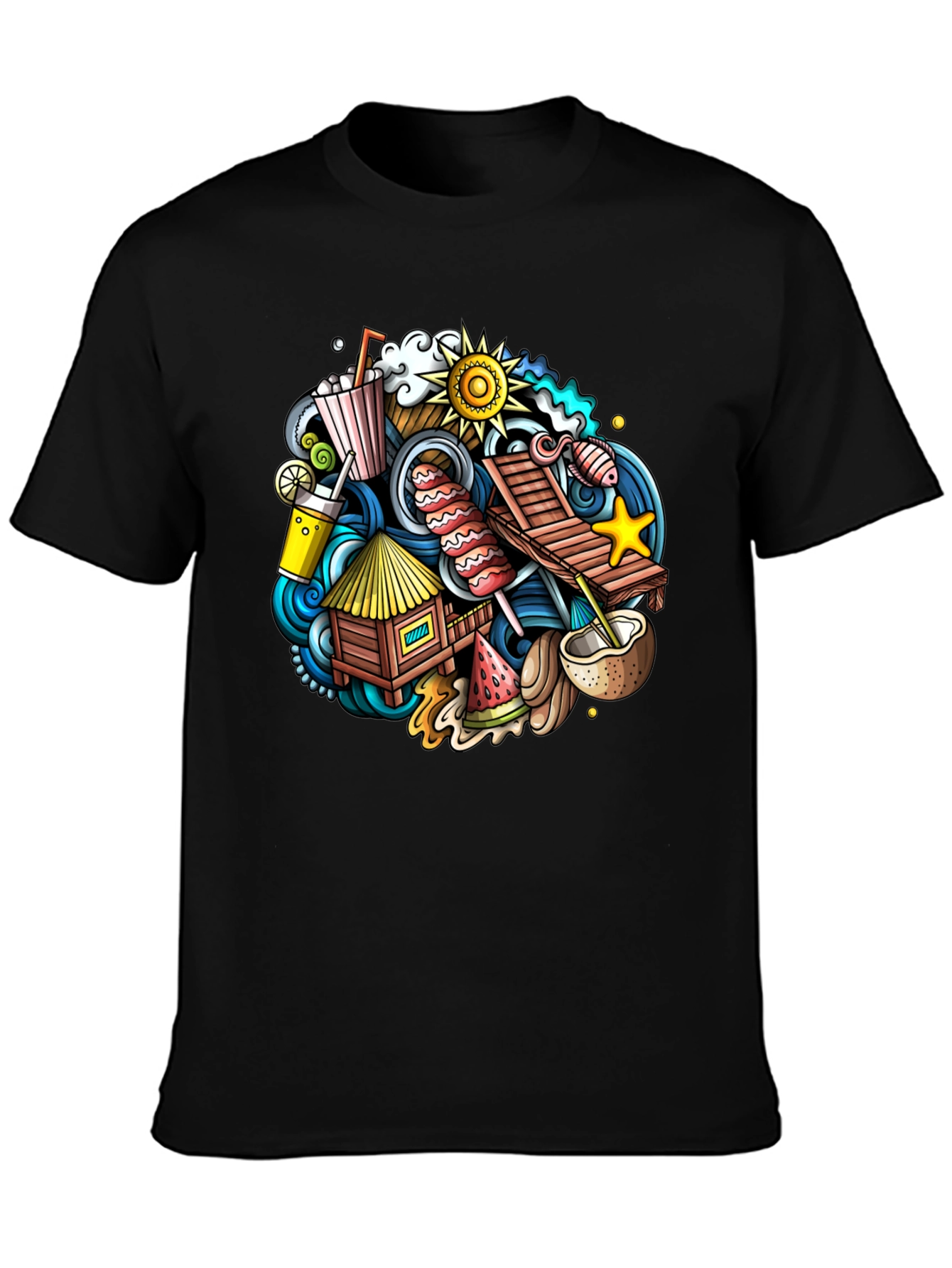 Tropical Summer Doodle Black T-Shirt