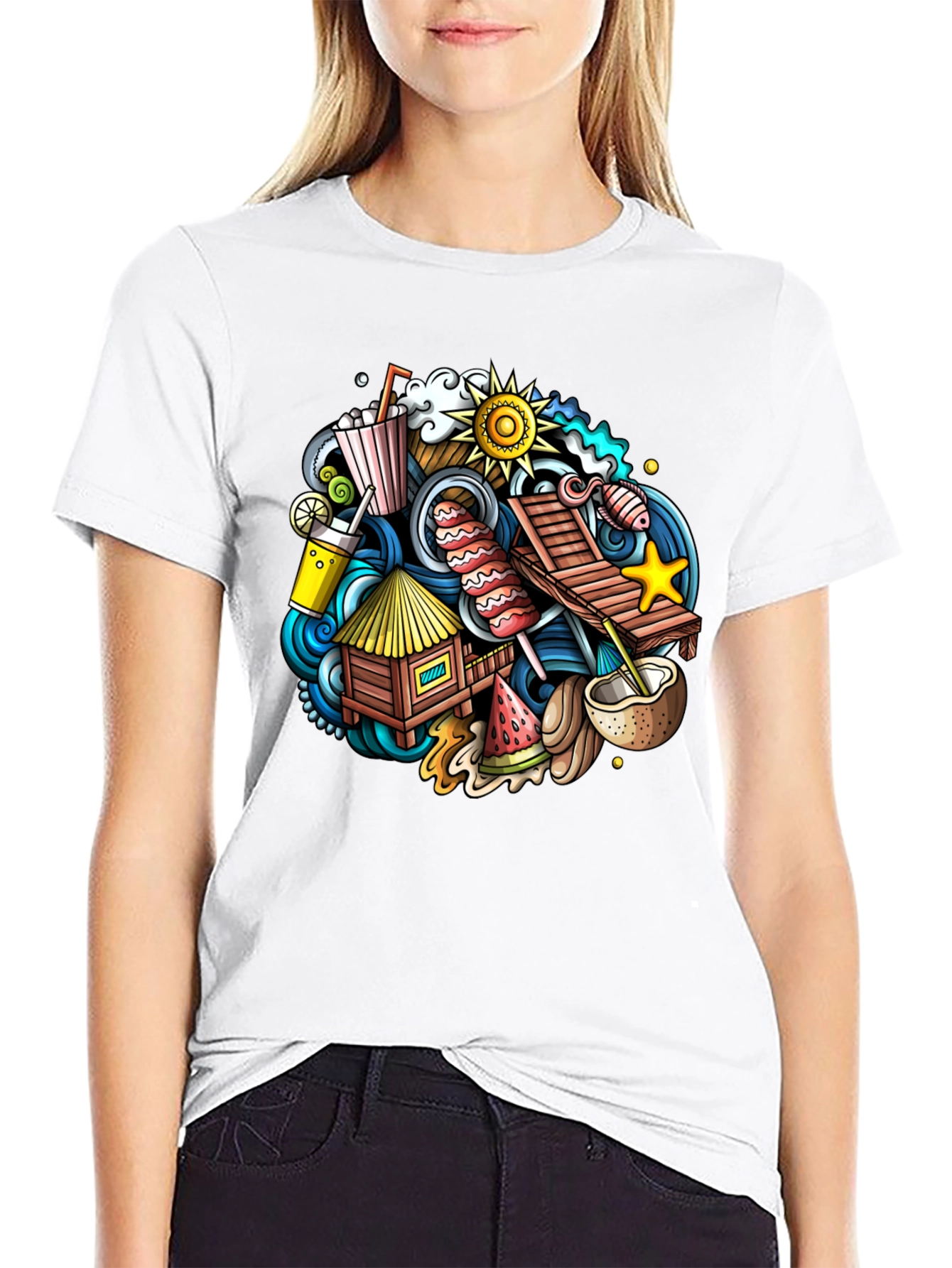 Tropical Summer Doodle Black T-Shirt