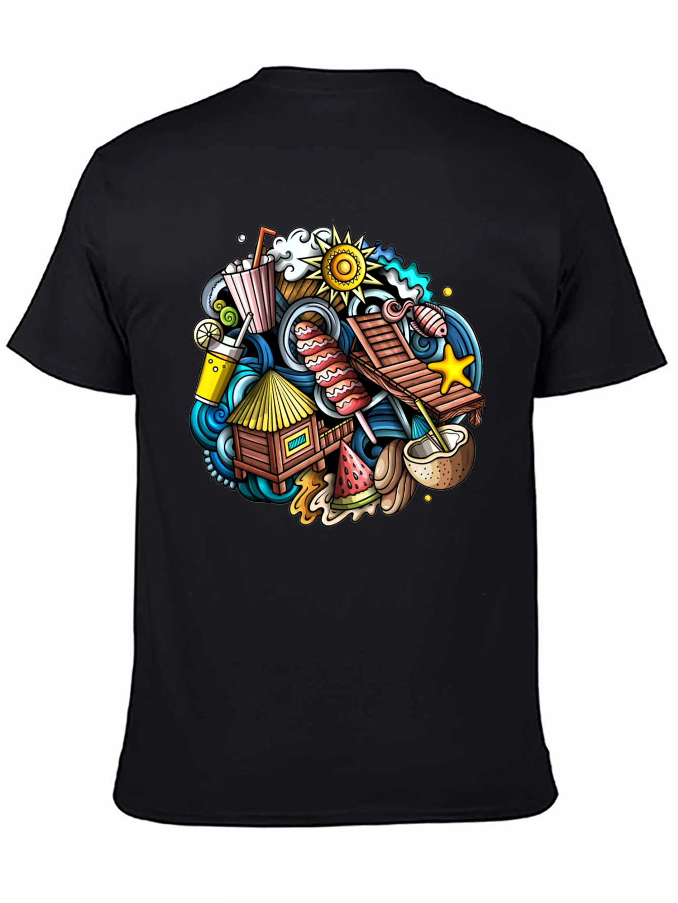 Tropical Summer Doodle Black T-Shirt