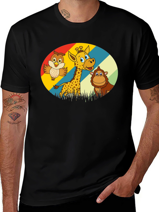 Cartoon Animal Graphic Tee - Owl Giraffe Monkey