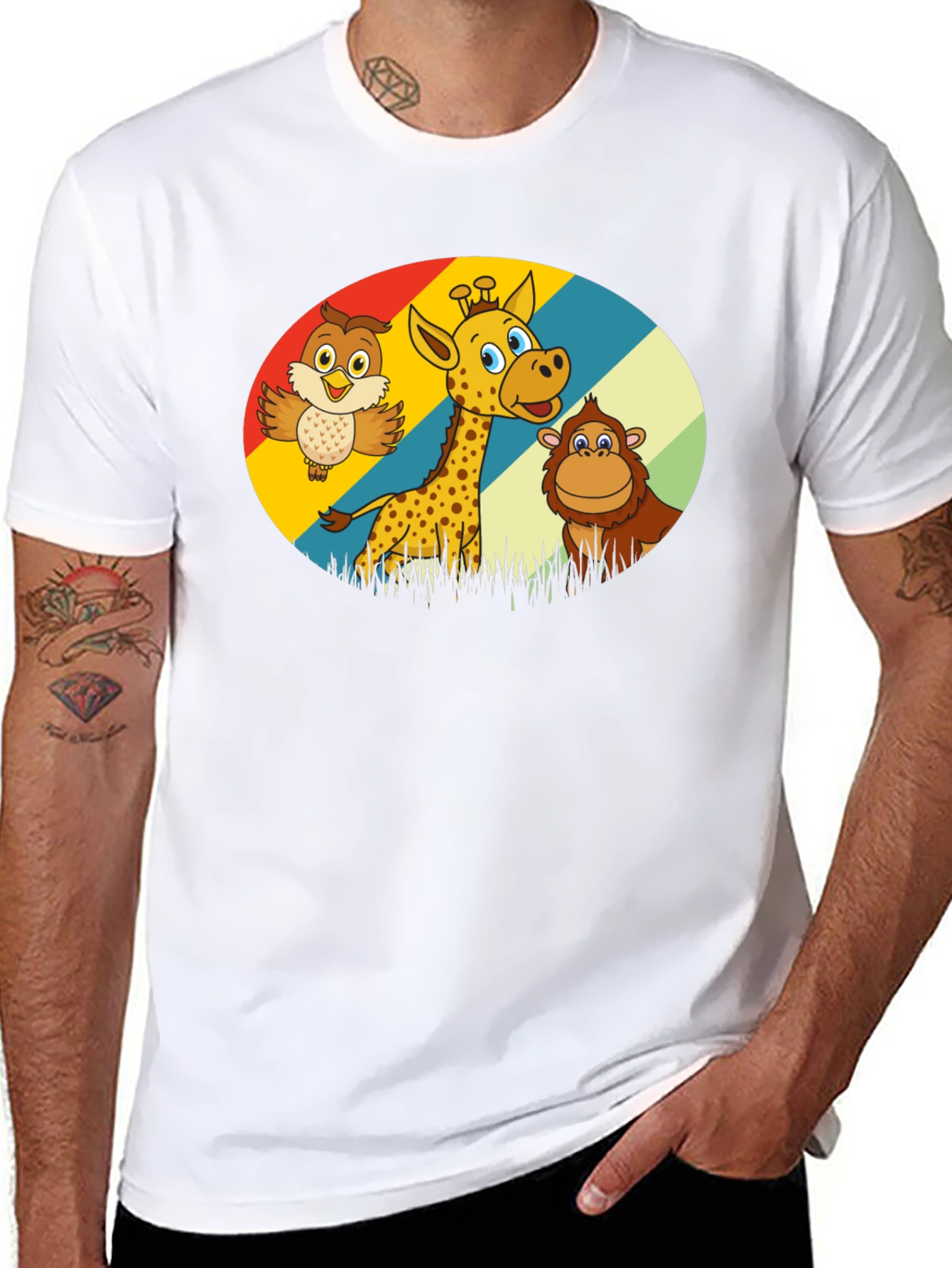 Cartoon Animal Graphic Tee - Owl Giraffe Monkey