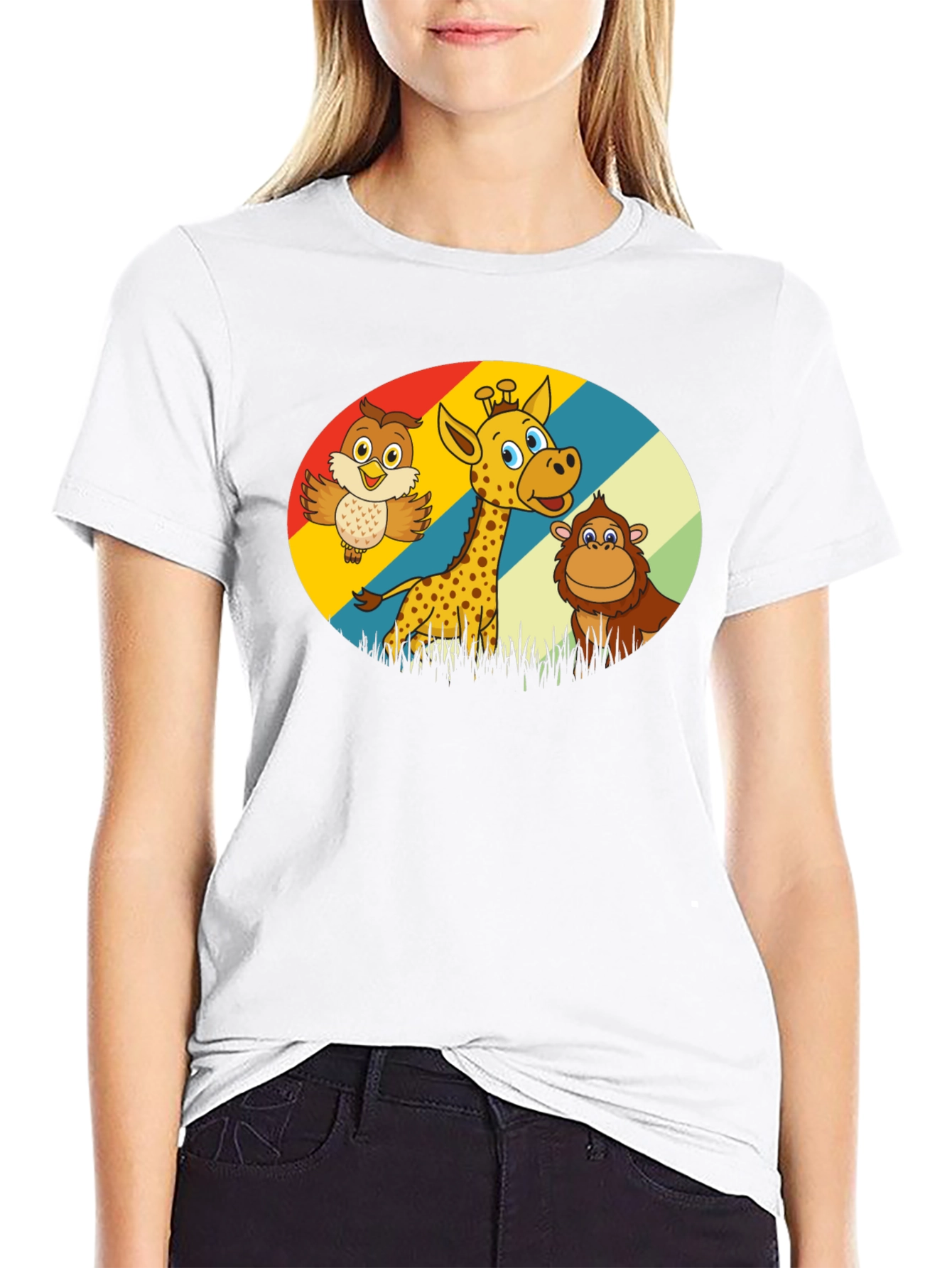 Cartoon Animal Graphic Tee - Owl Giraffe Monkey