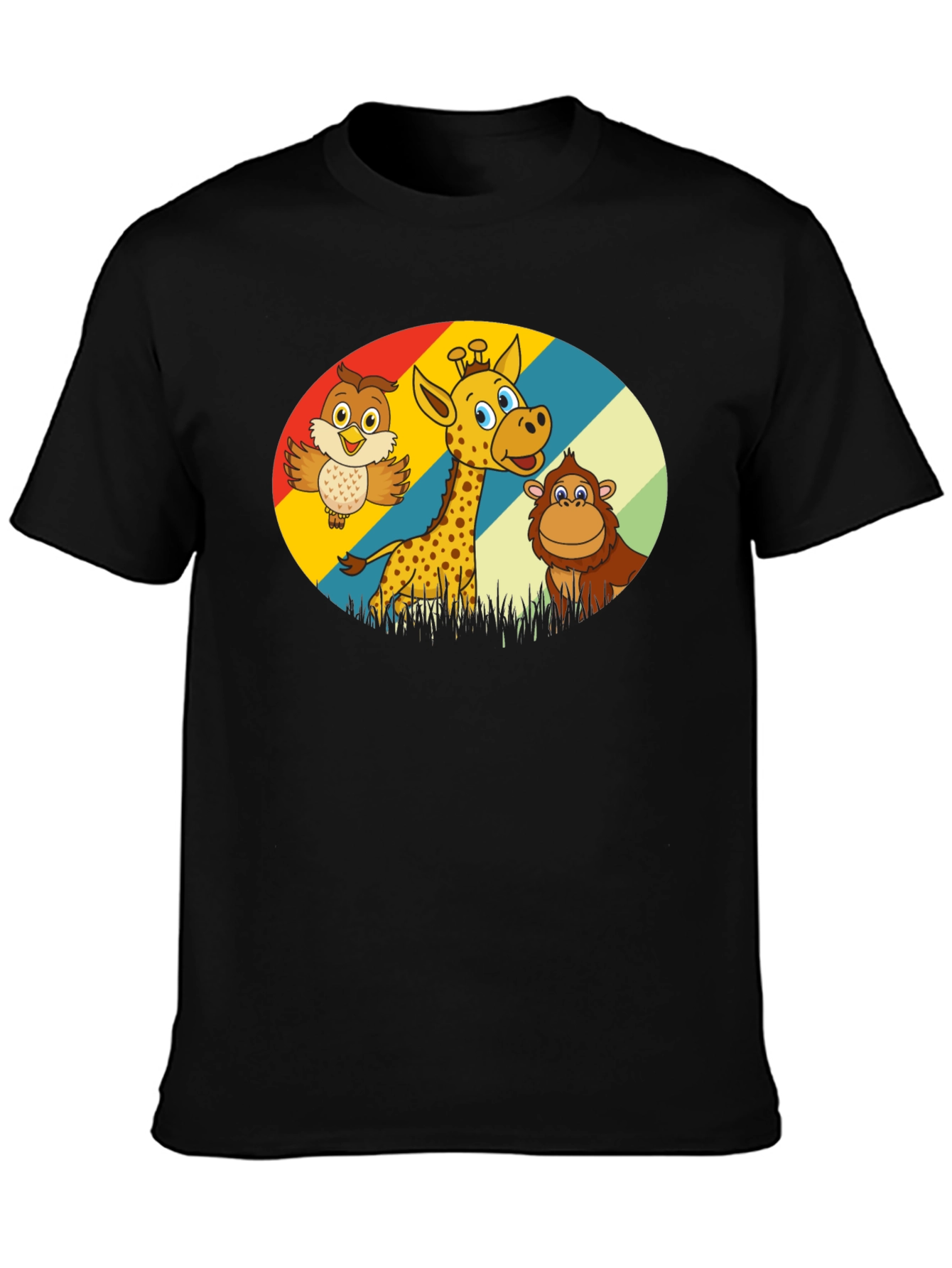 Cartoon Animal Graphic Tee - Owl Giraffe Monkey
