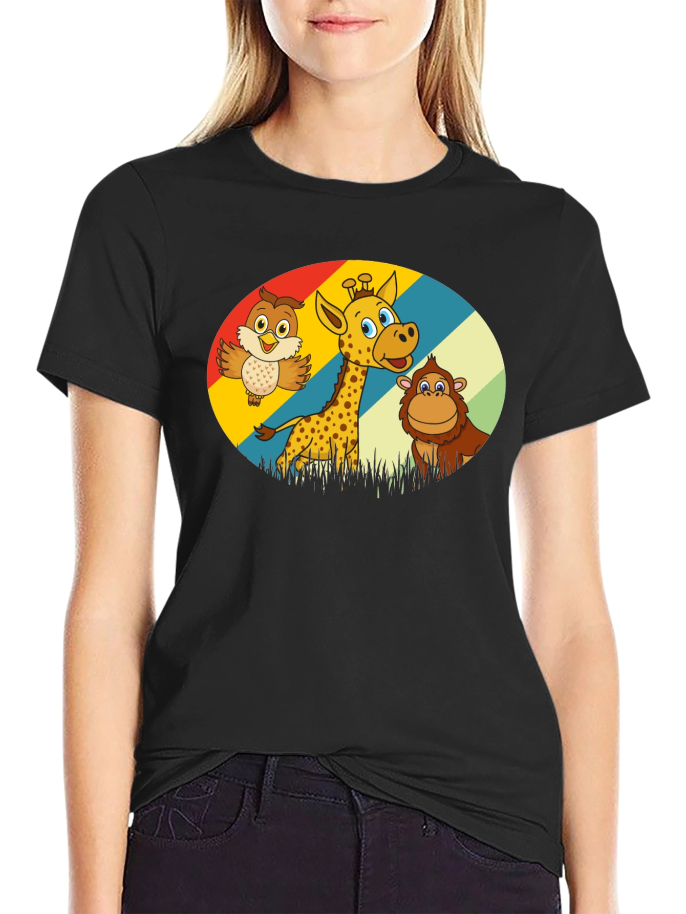 Cartoon Animal Graphic Tee - Owl Giraffe Monkey