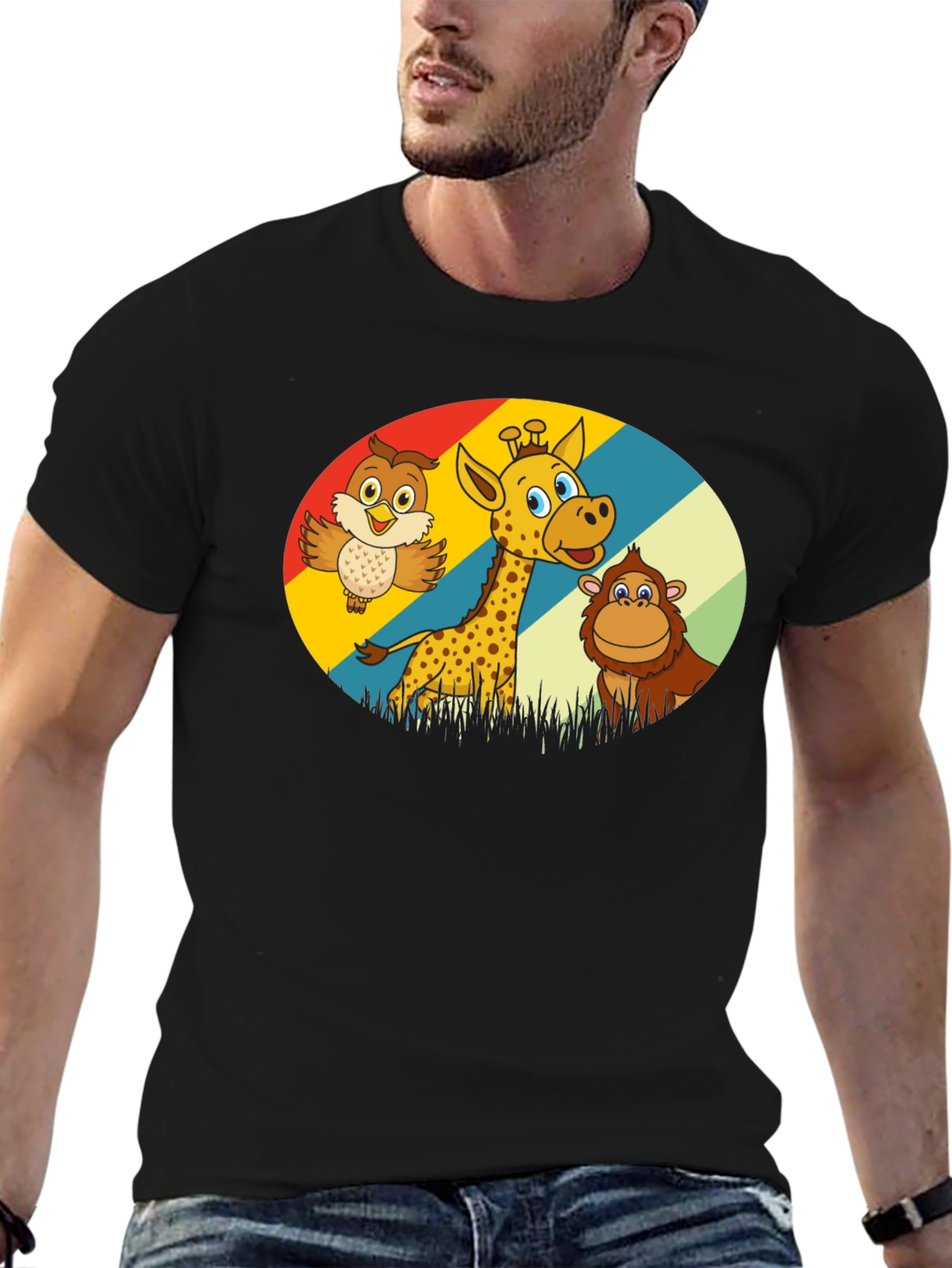 Cartoon Animal Graphic Tee - Owl Giraffe Monkey
