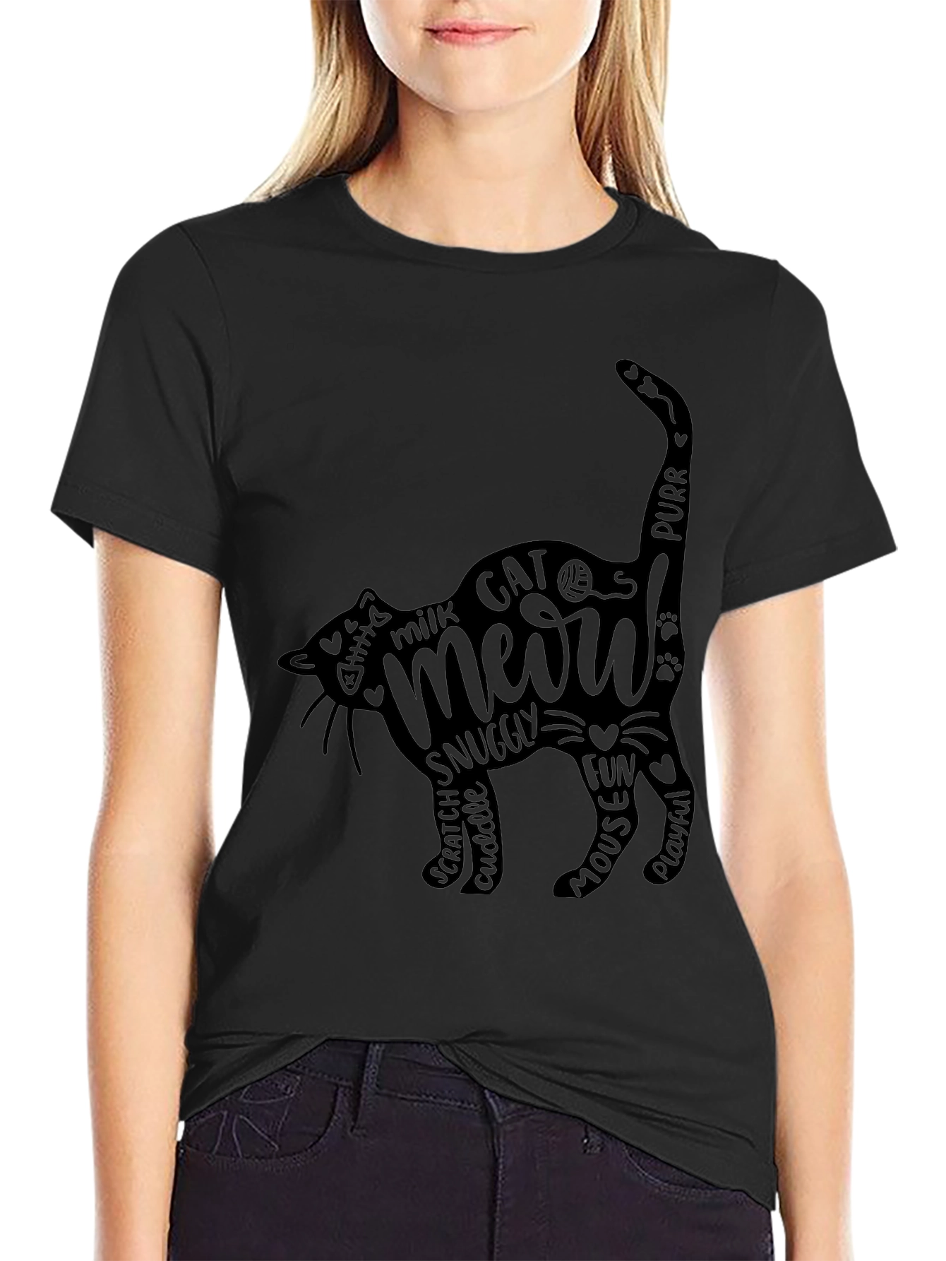 Cat Meow Word Art T-Shirt - Black