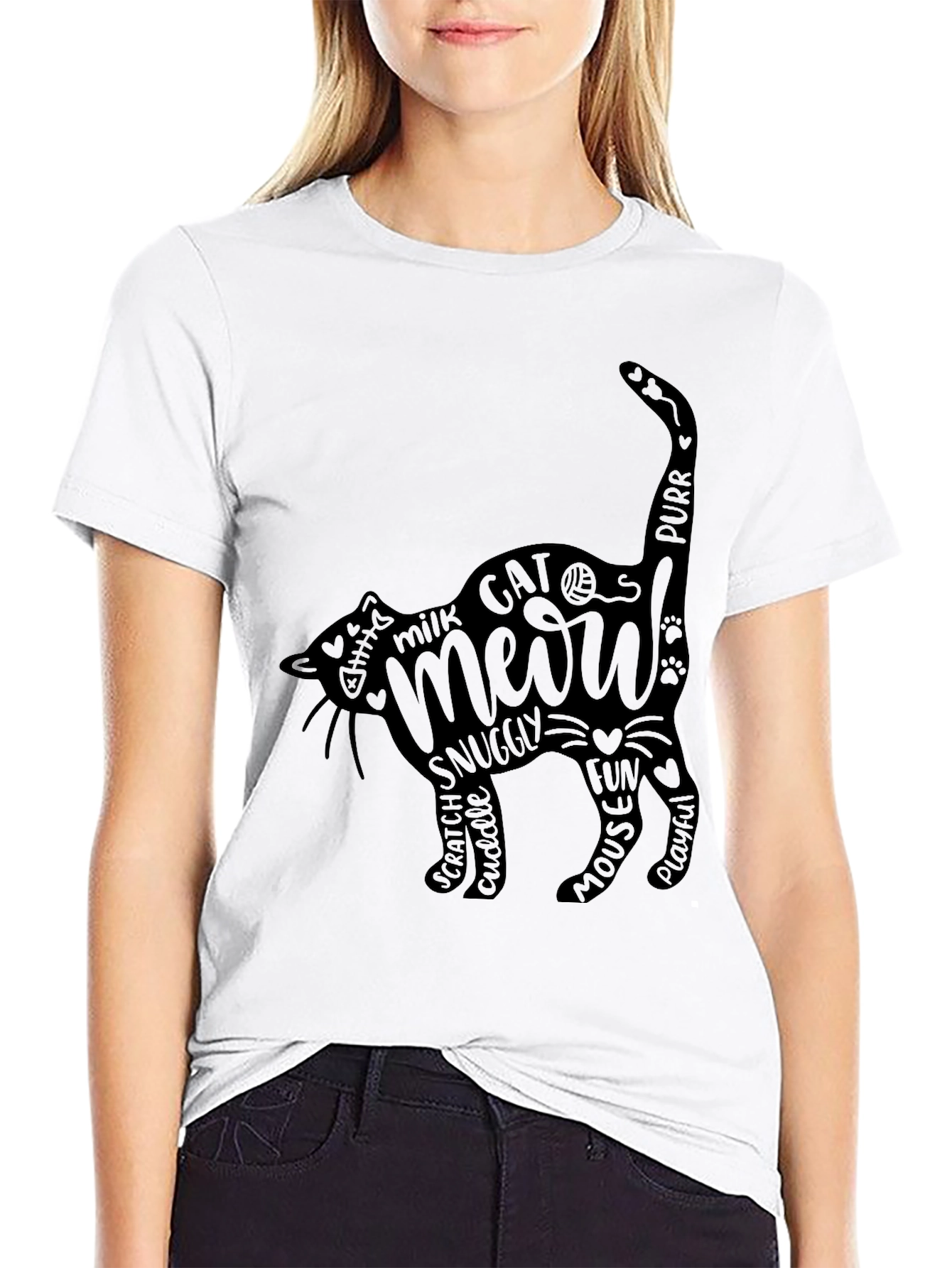 Cat Meow Word Art T-Shirt - Black