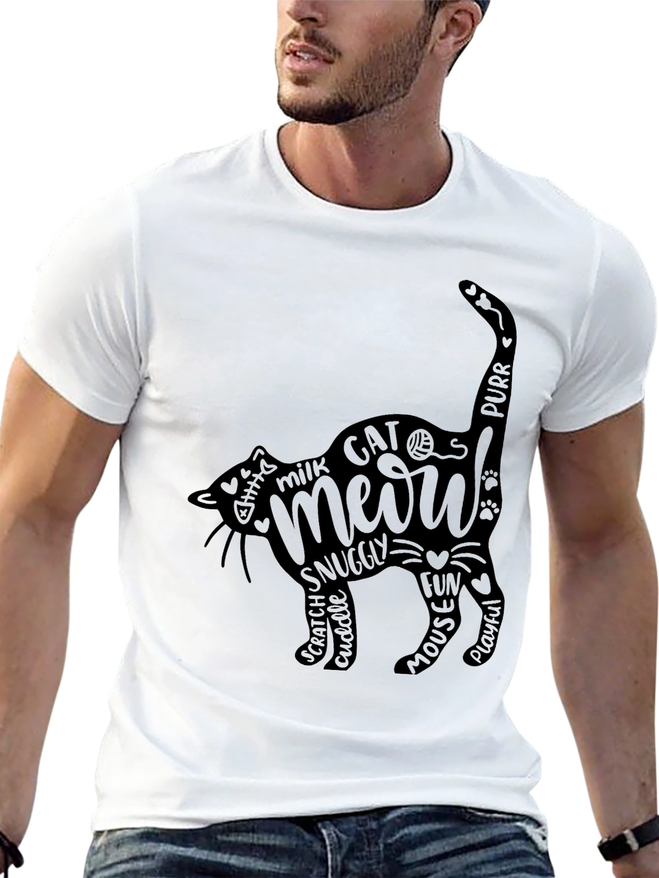 Cat Meow Word Art T-Shirt - Black