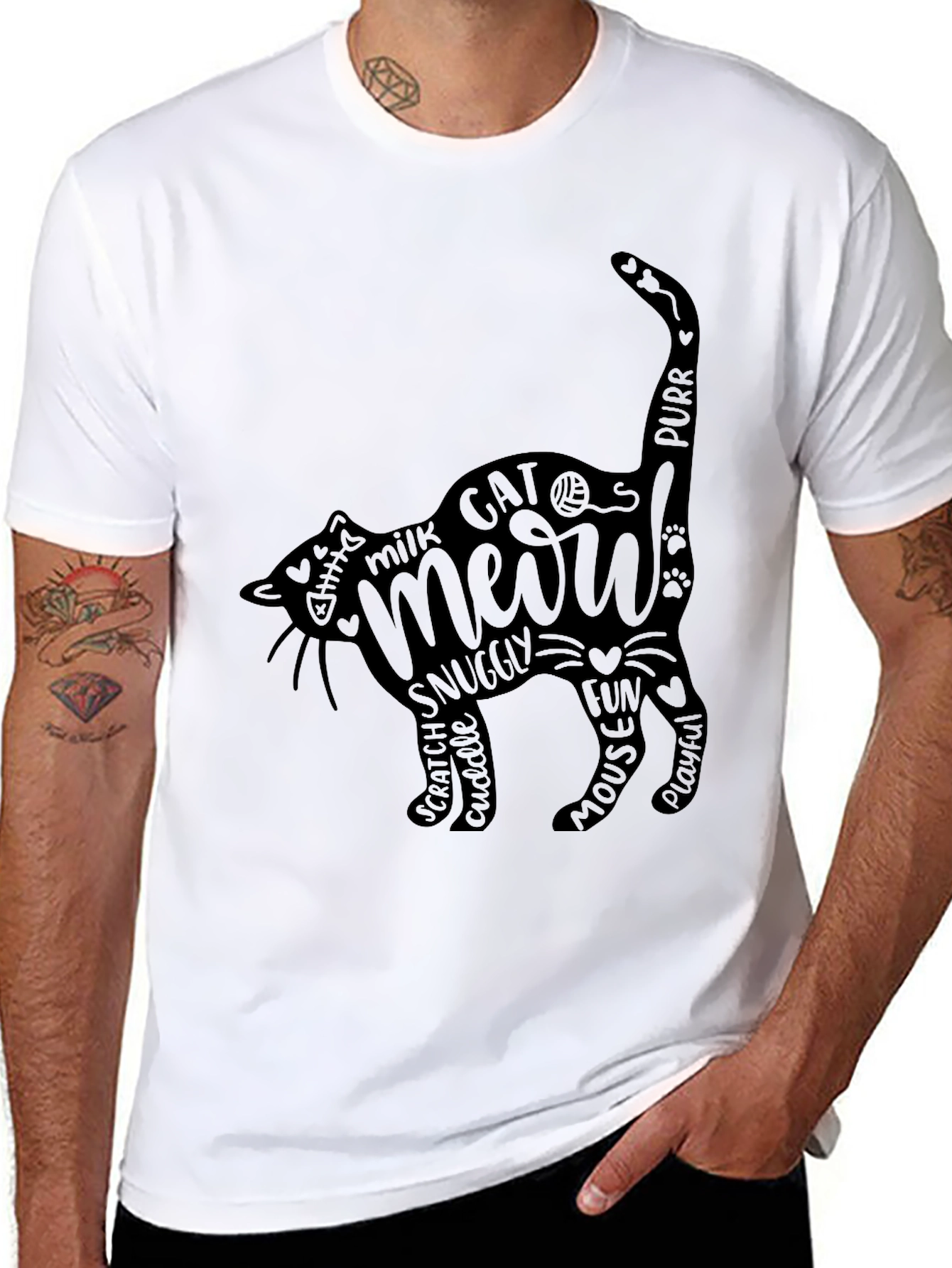 Cat Meow Word Art T-Shirt - Black