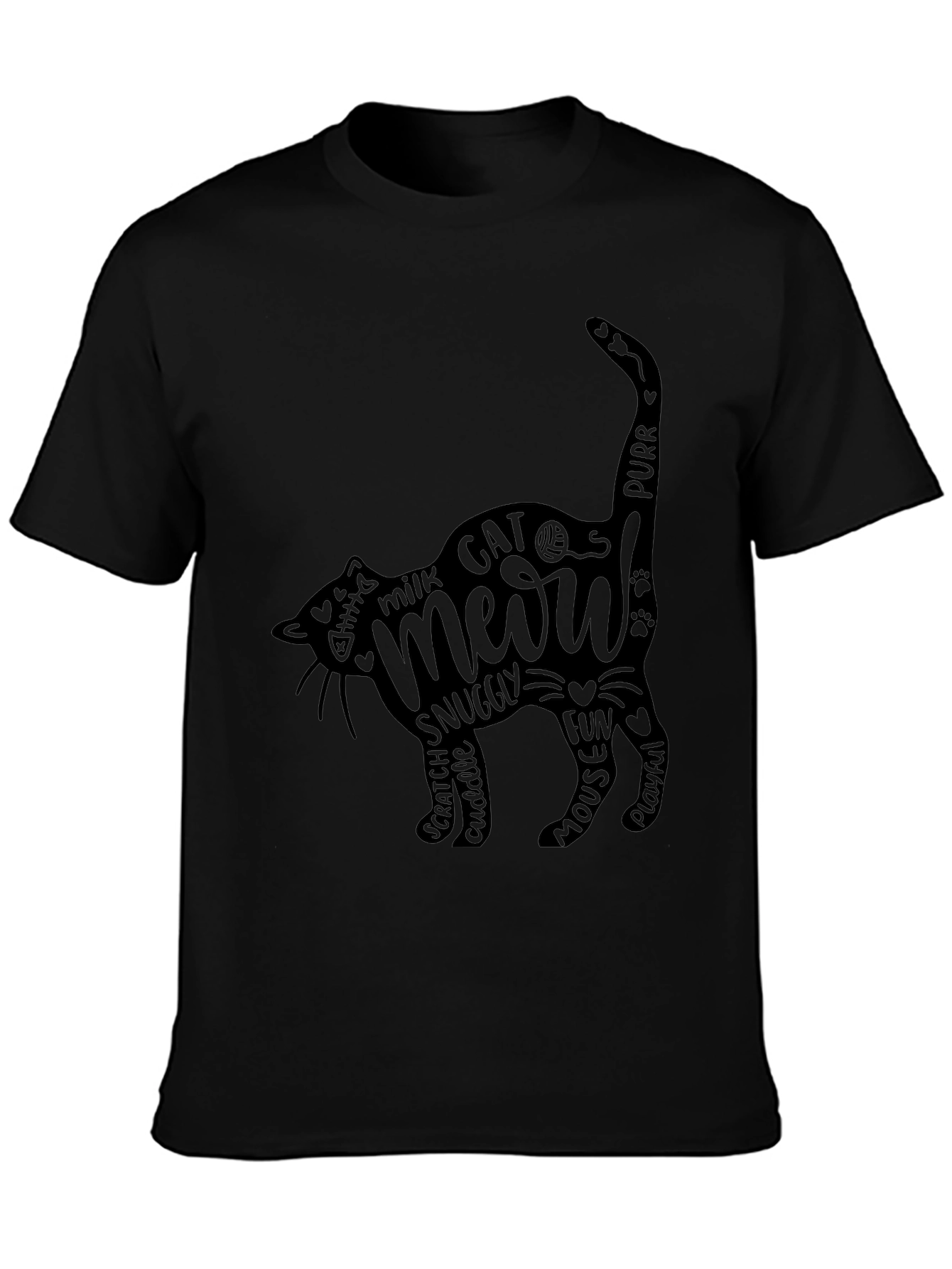 Cat Meow Word Art T-Shirt - Black