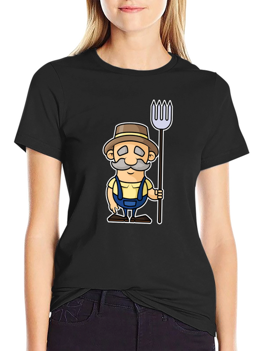Cartoon Farmer Graphic Black T-Shirt