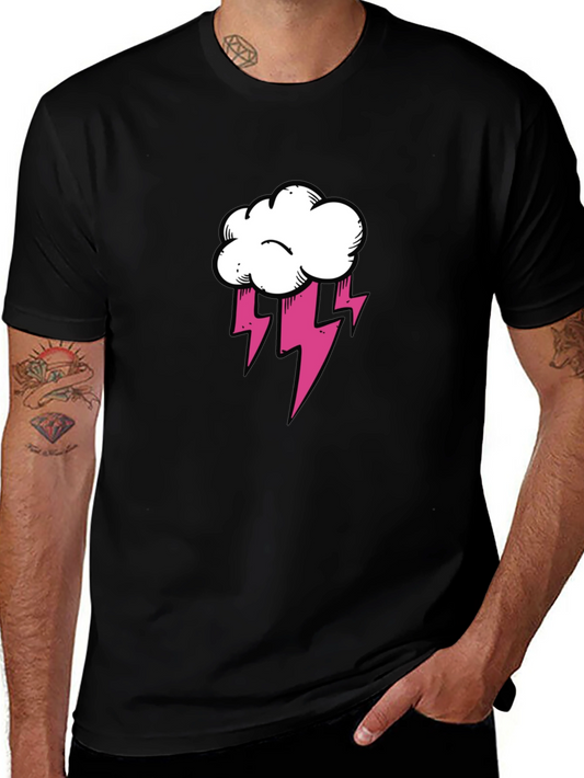 Black T-Shirt with Cloud and Lightning Graphic