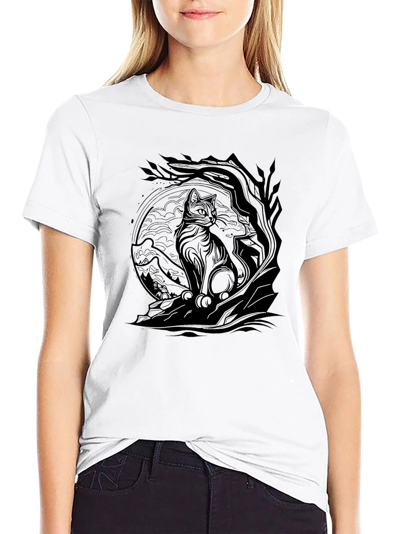 Cat & Tree Graphic Print Black T-Shirt