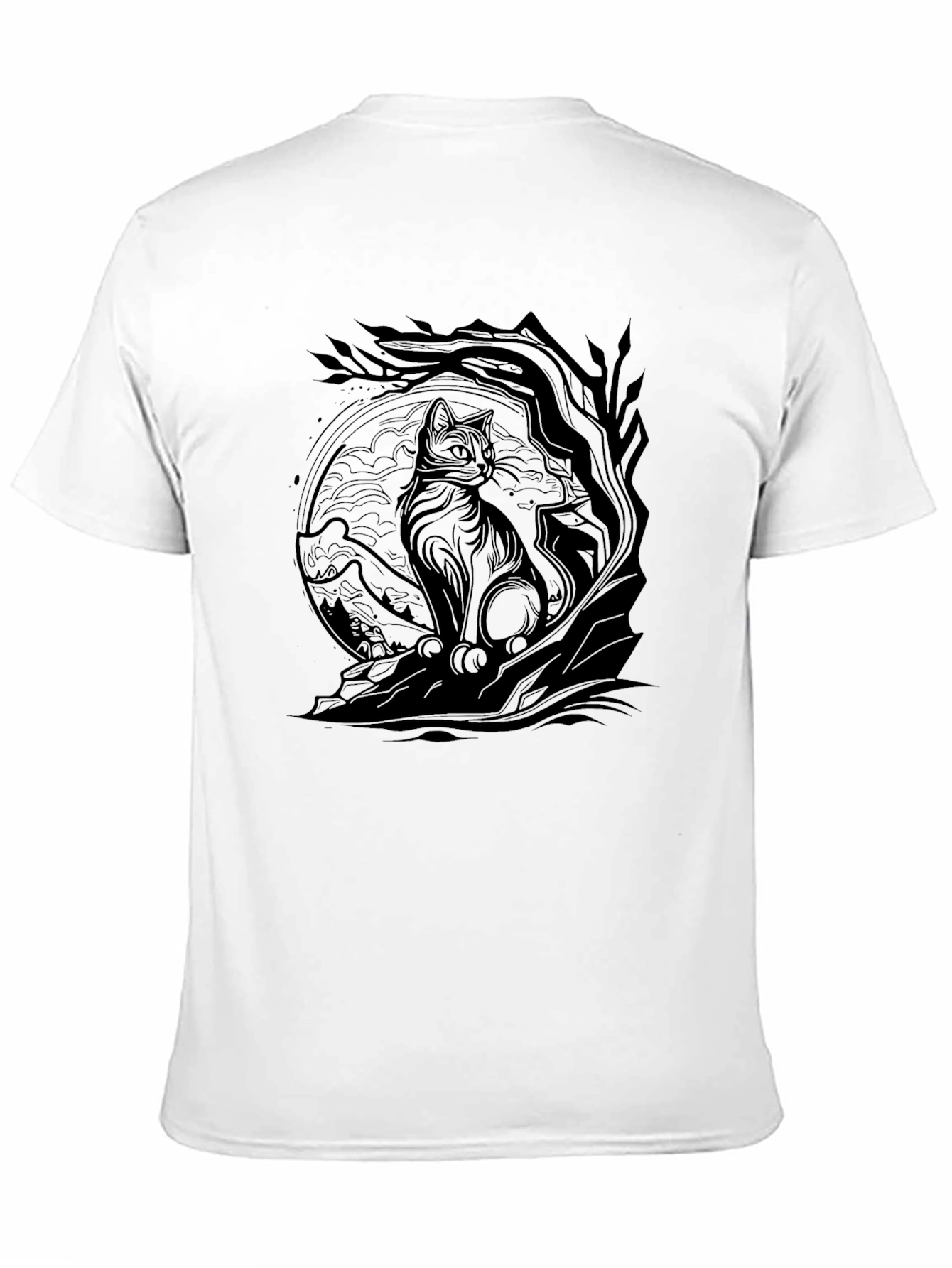 Cat & Tree Graphic Print Black T-Shirt
