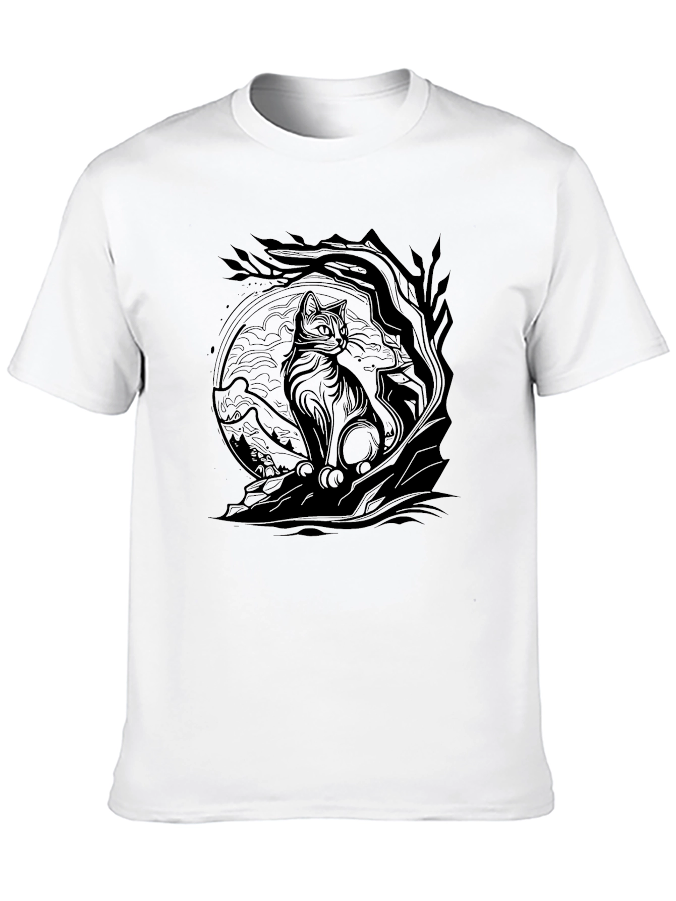 Cat & Tree Graphic Print Black T-Shirt