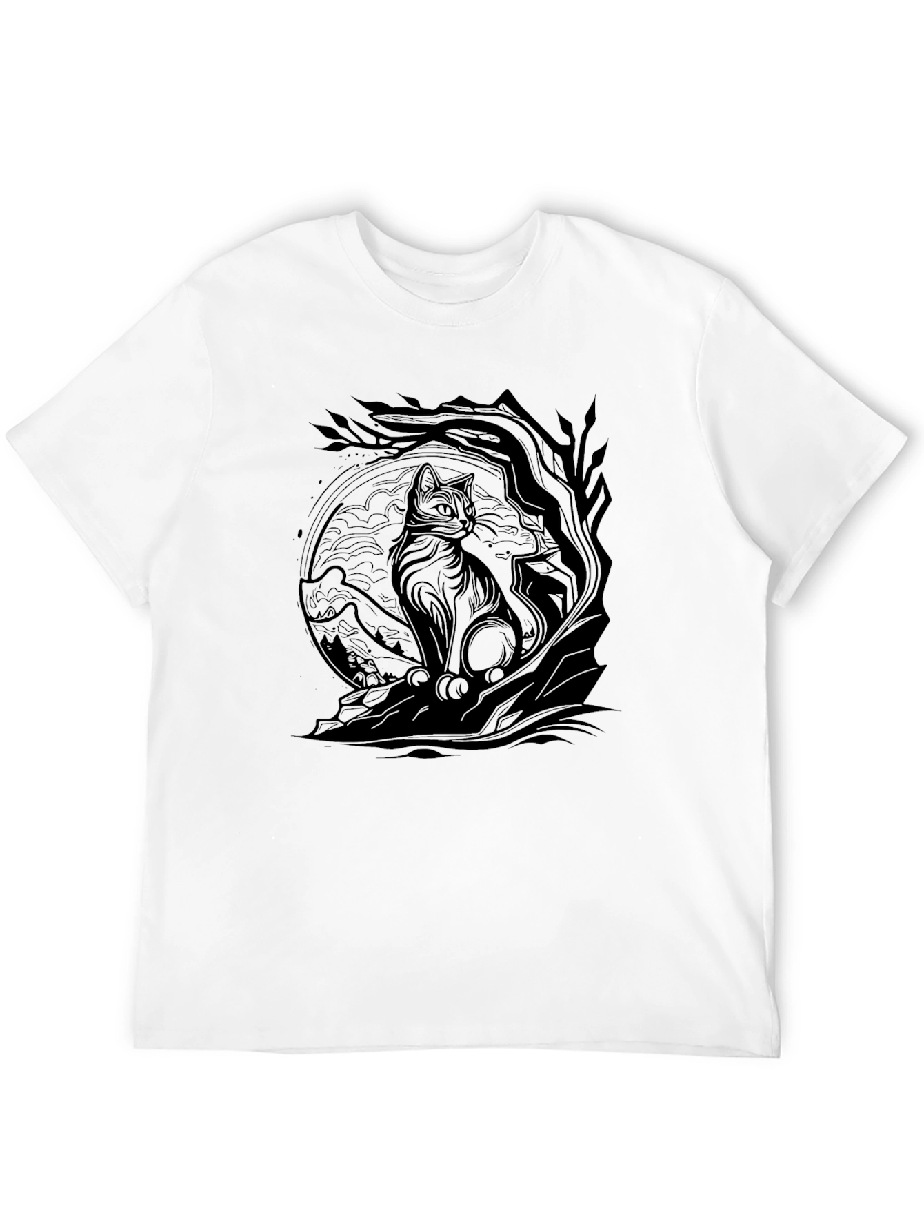 Cat & Tree Graphic Print Black T-Shirt