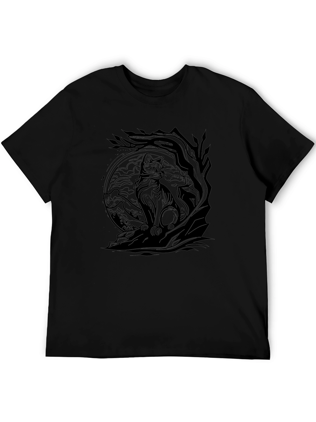Cat & Tree Graphic Print Black T-Shirt