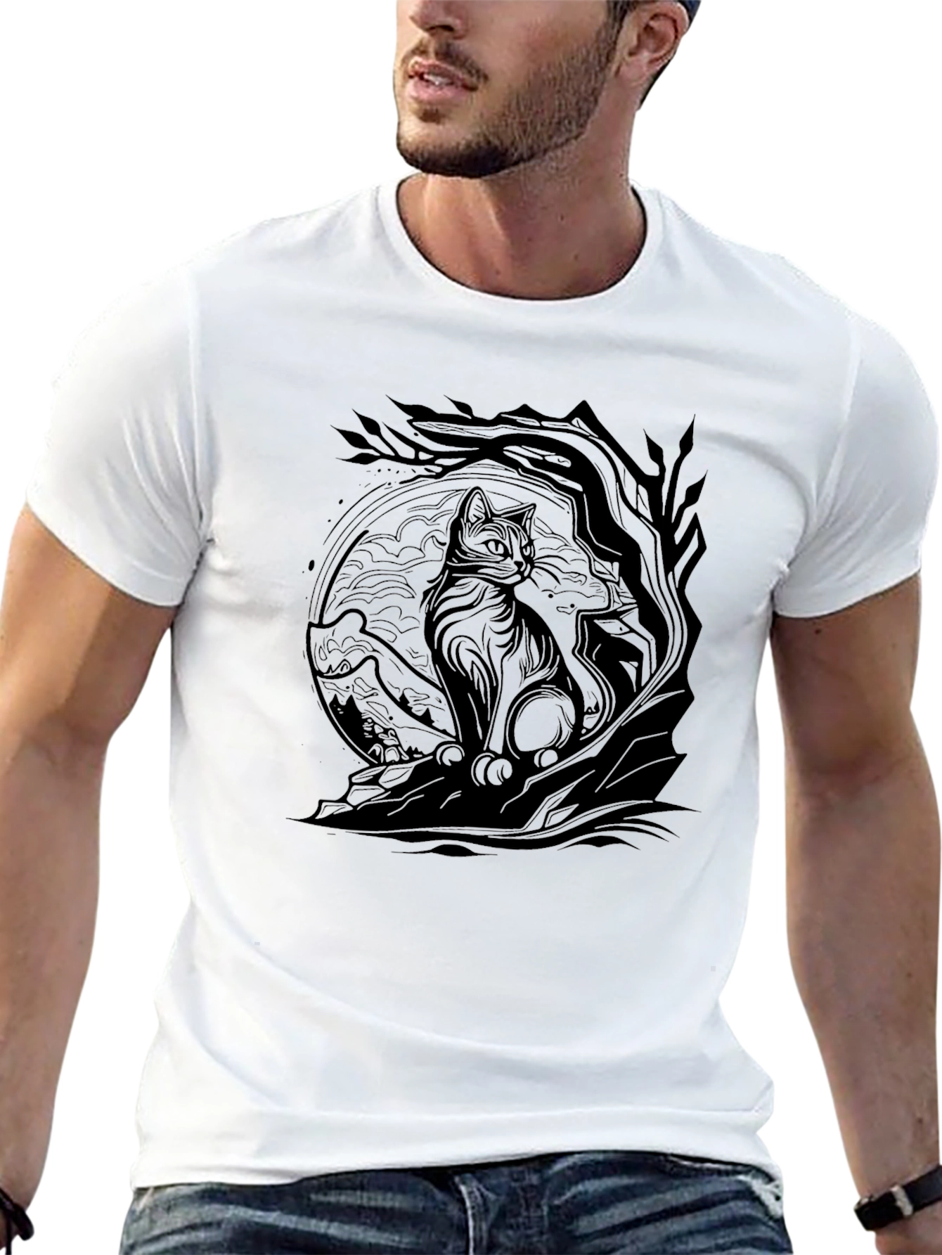Cat & Tree Graphic Print Black T-Shirt