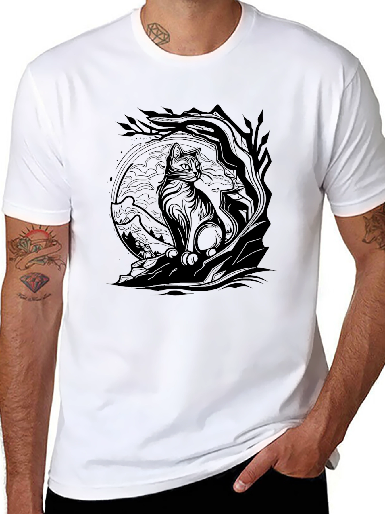Cat & Tree Graphic Print Black T-Shirt