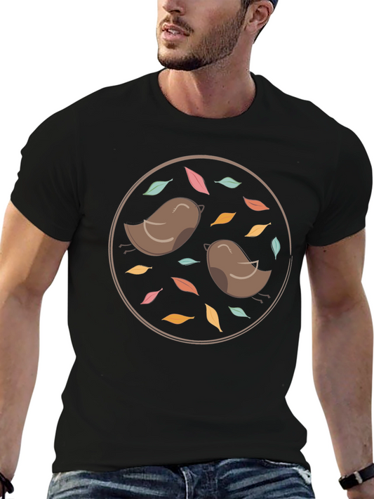 Birds & Leaves Graphic Tee - Casual Black T-Shirt
