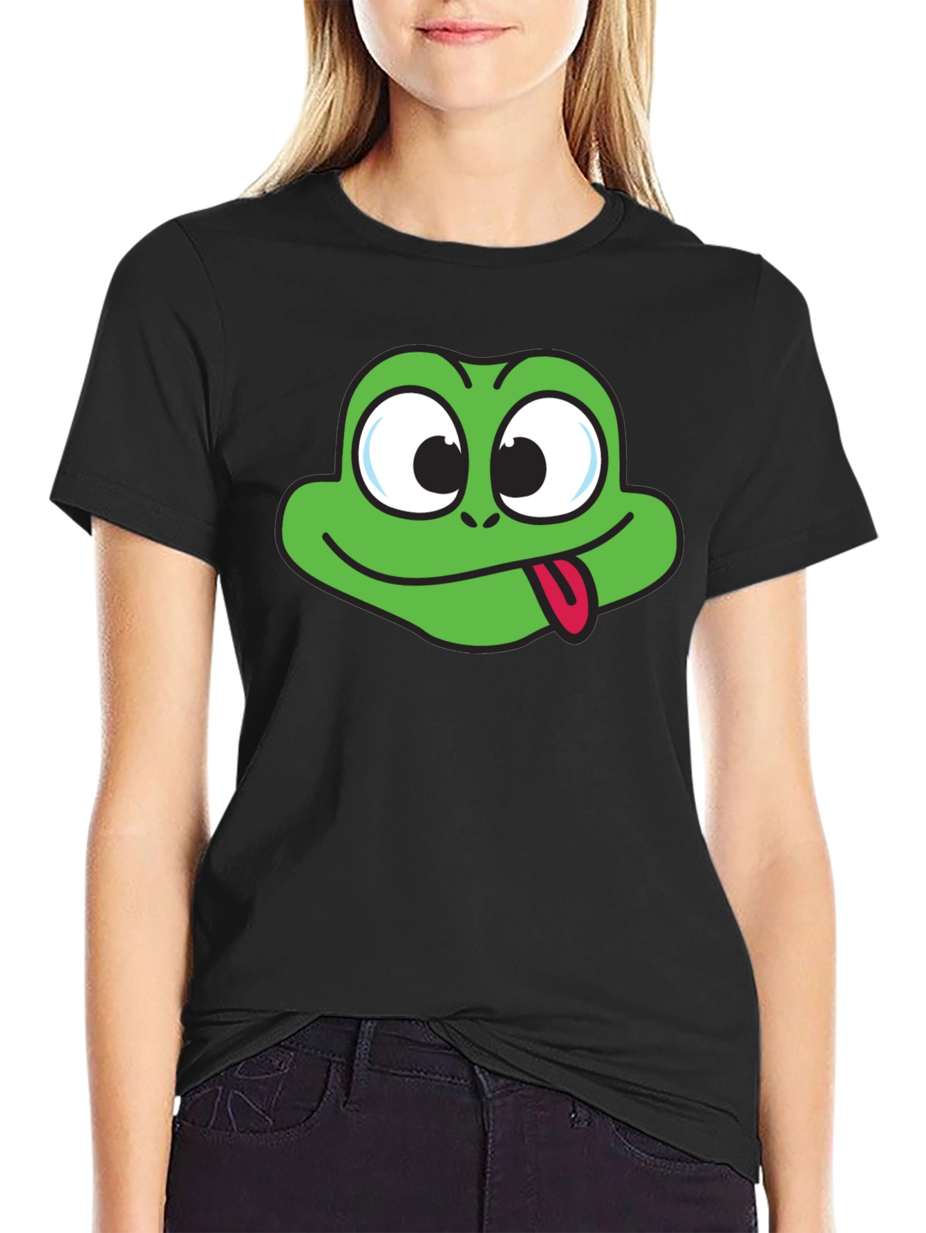 Funny Frog Face Graphic Black T-Shirt