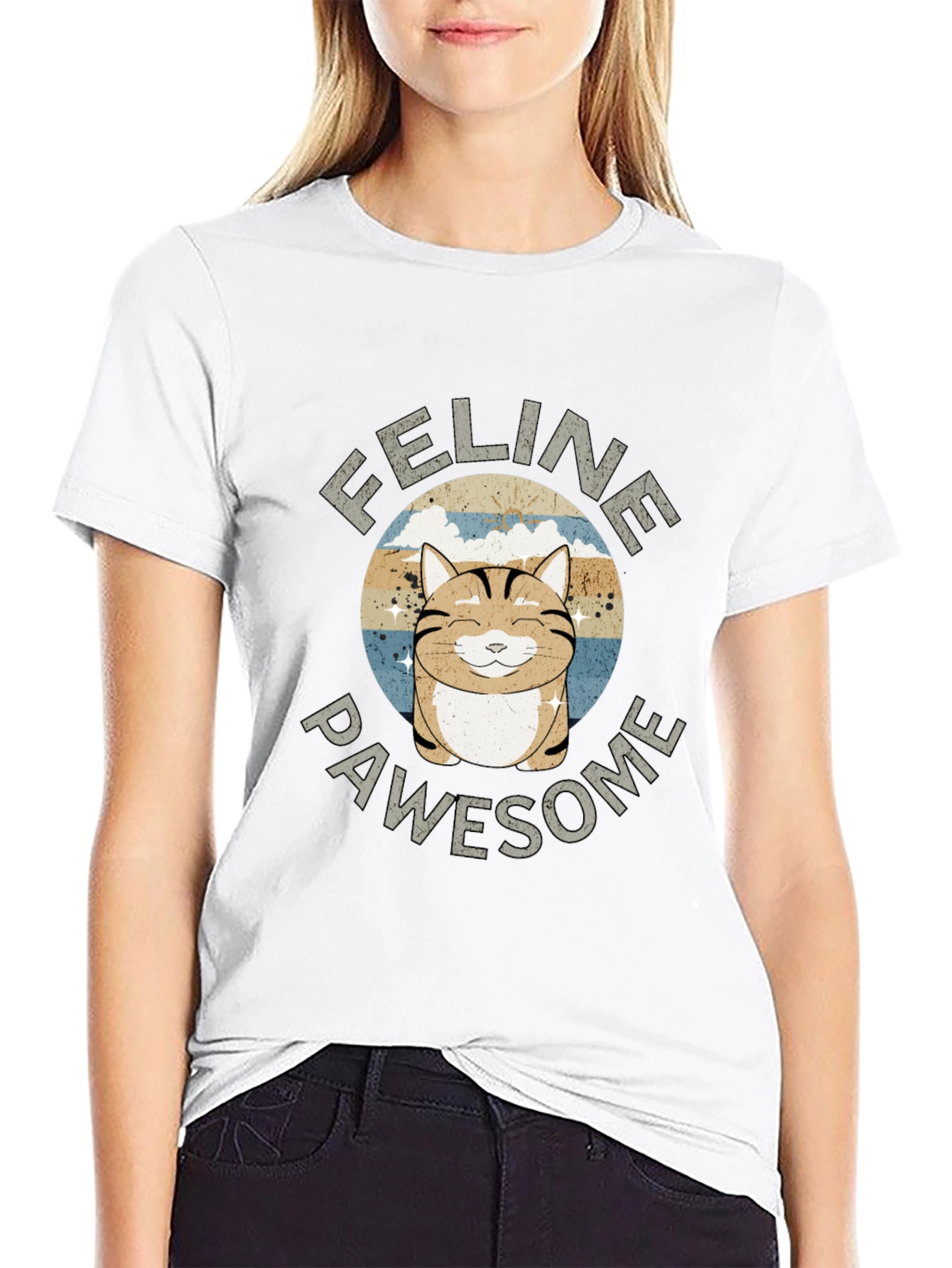 Feline Pawsome Cat Graphic Black T-Shirt