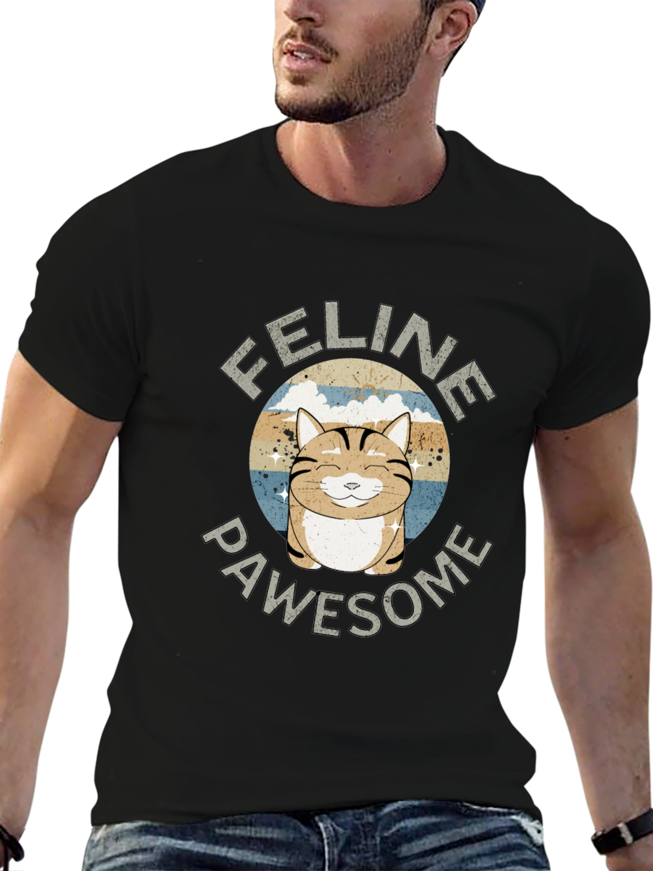 Feline Pawsome Cat Graphic Black T-Shirt