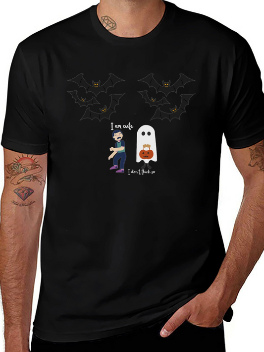 Halloween Ghost & Bats Graphic Black T-Shirt