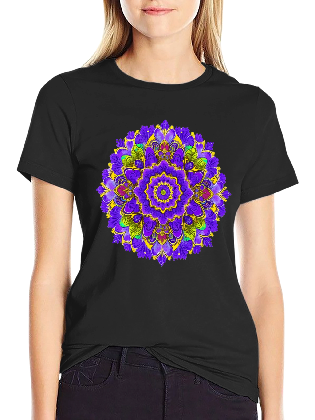 Vibrant Mandala Graphic Print Black T-Shirt