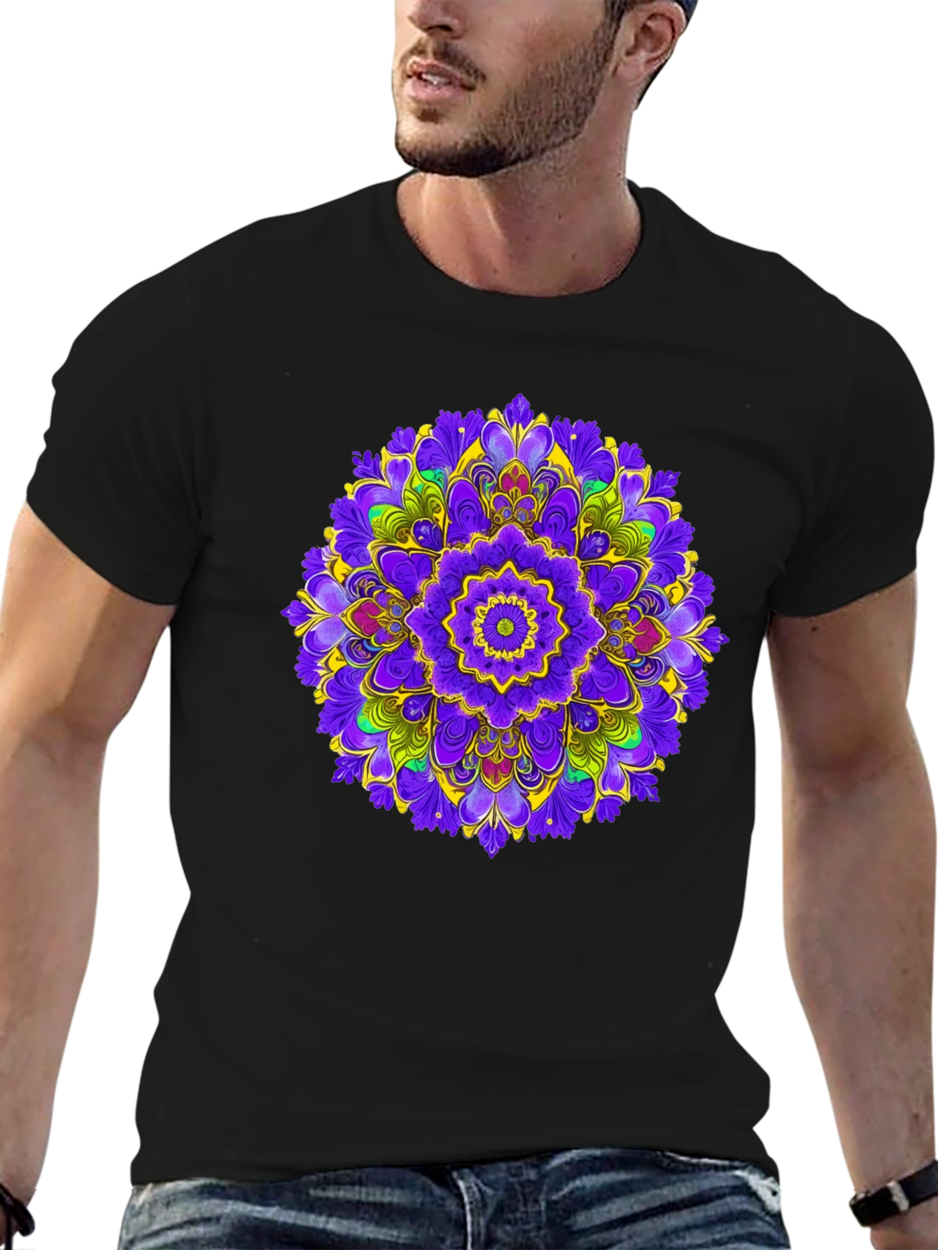 Vibrant Mandala Graphic Print Black T-Shirt