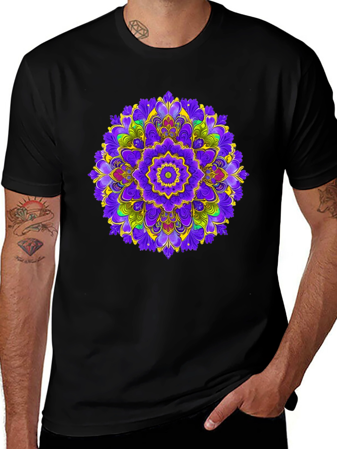 Vibrant Mandala Graphic Print Black T-Shirt