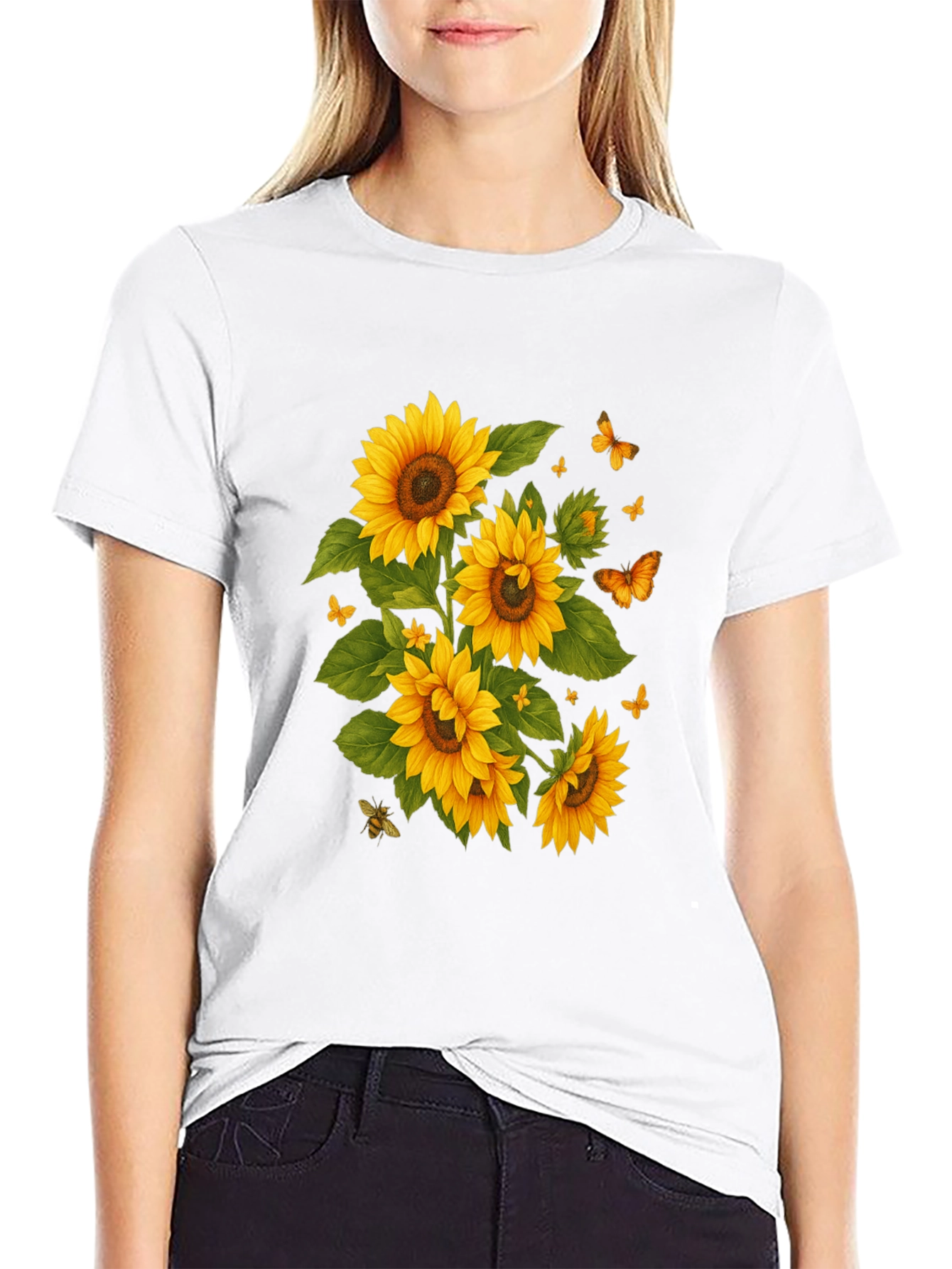 Sunflower & Butterfly Black T-Shirt
