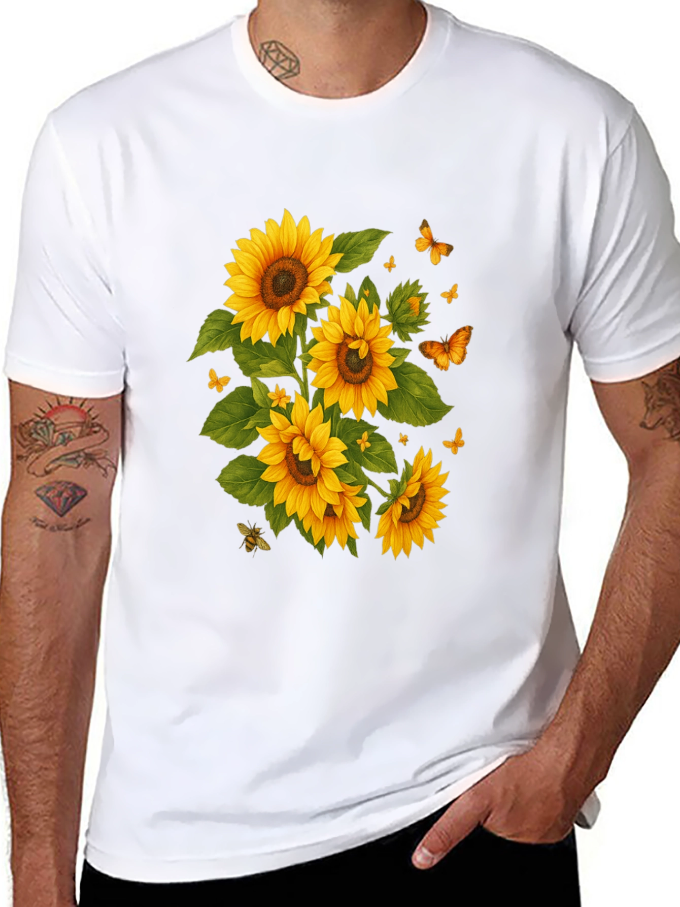 Sunflower & Butterfly Black T-Shirt