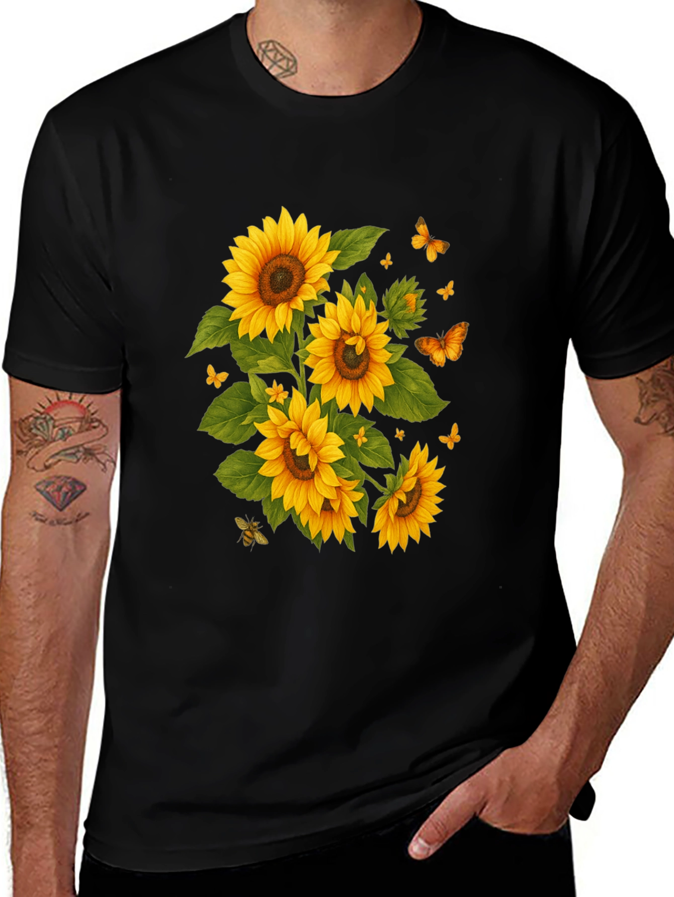 Sunflower & Butterfly Black T-Shirt