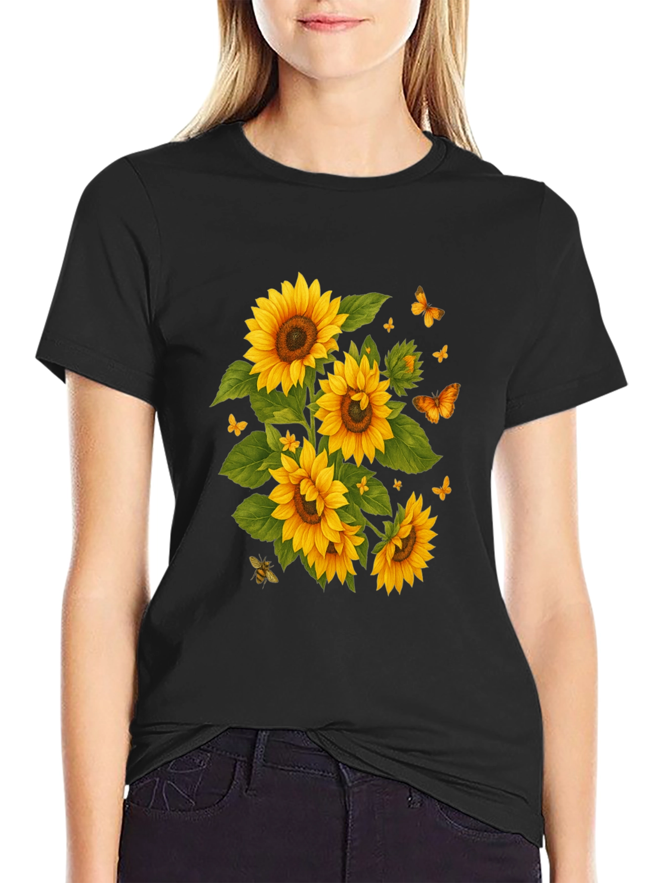 Sunflower & Butterfly Black T-Shirt
