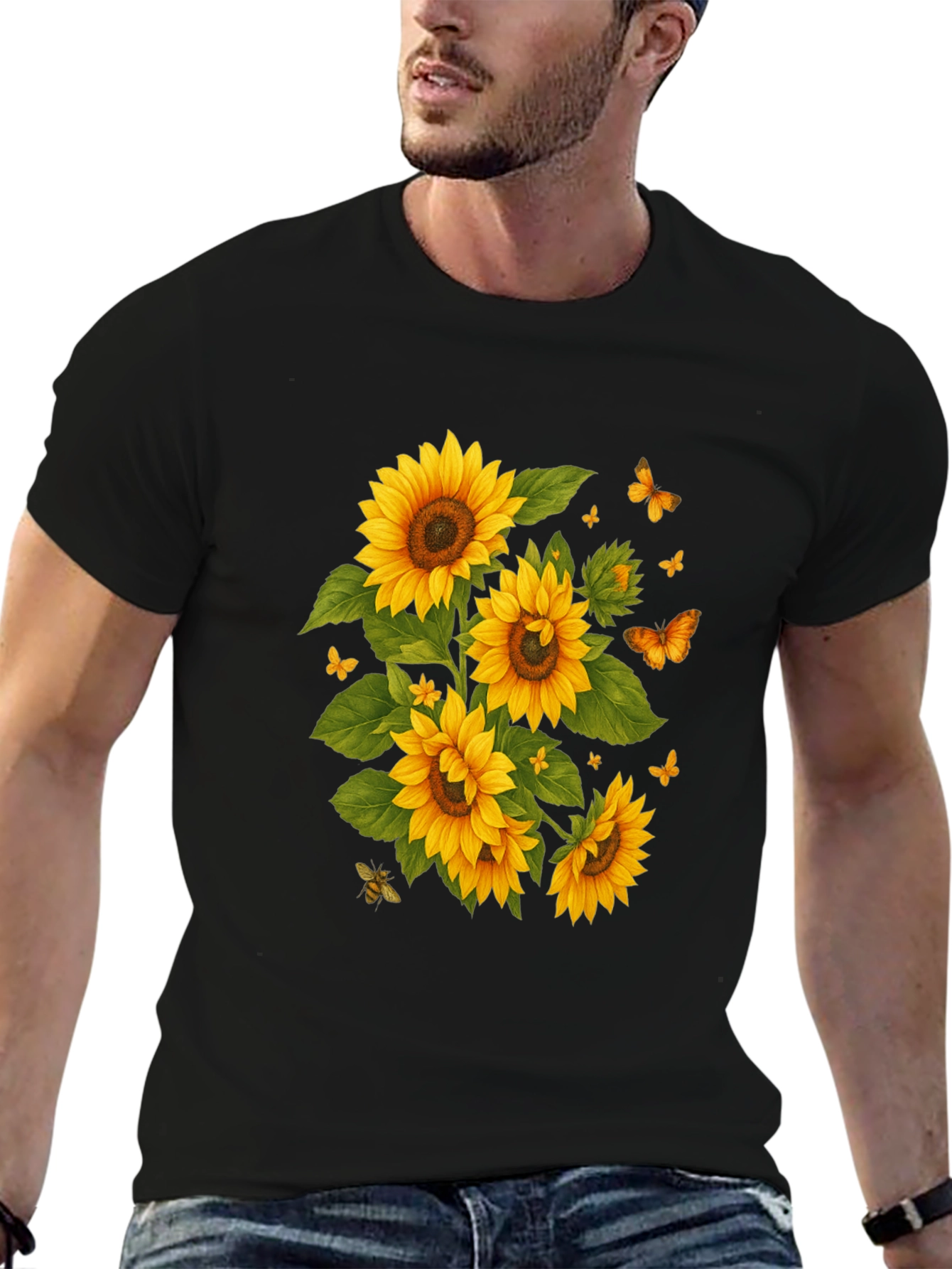 Sunflower & Butterfly Black T-Shirt