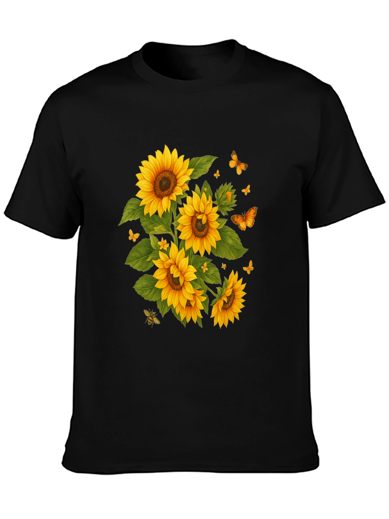 Sunflower & Butterfly Black T-Shirt