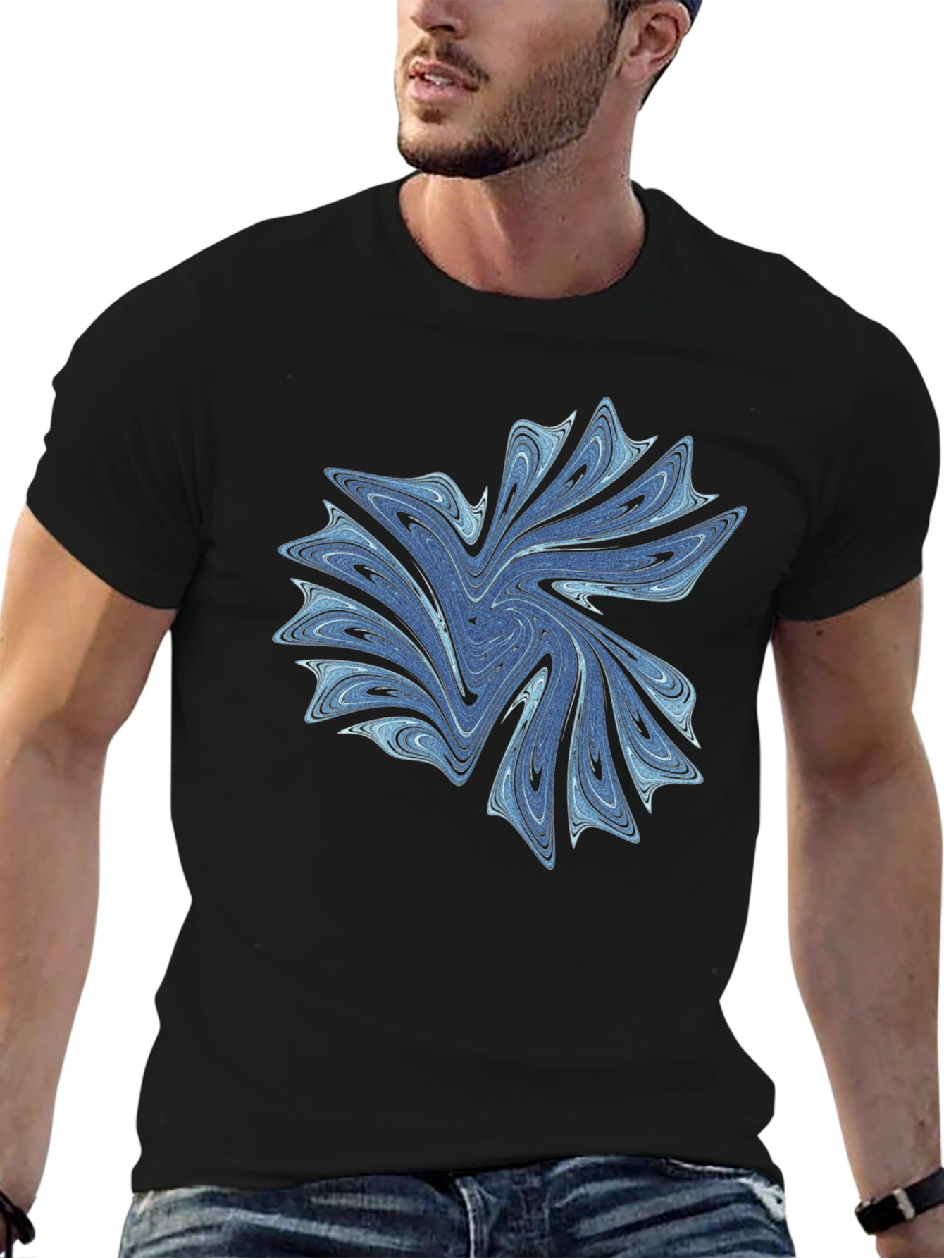 Abstract Blue Swirl Graphic Black T-Shirt