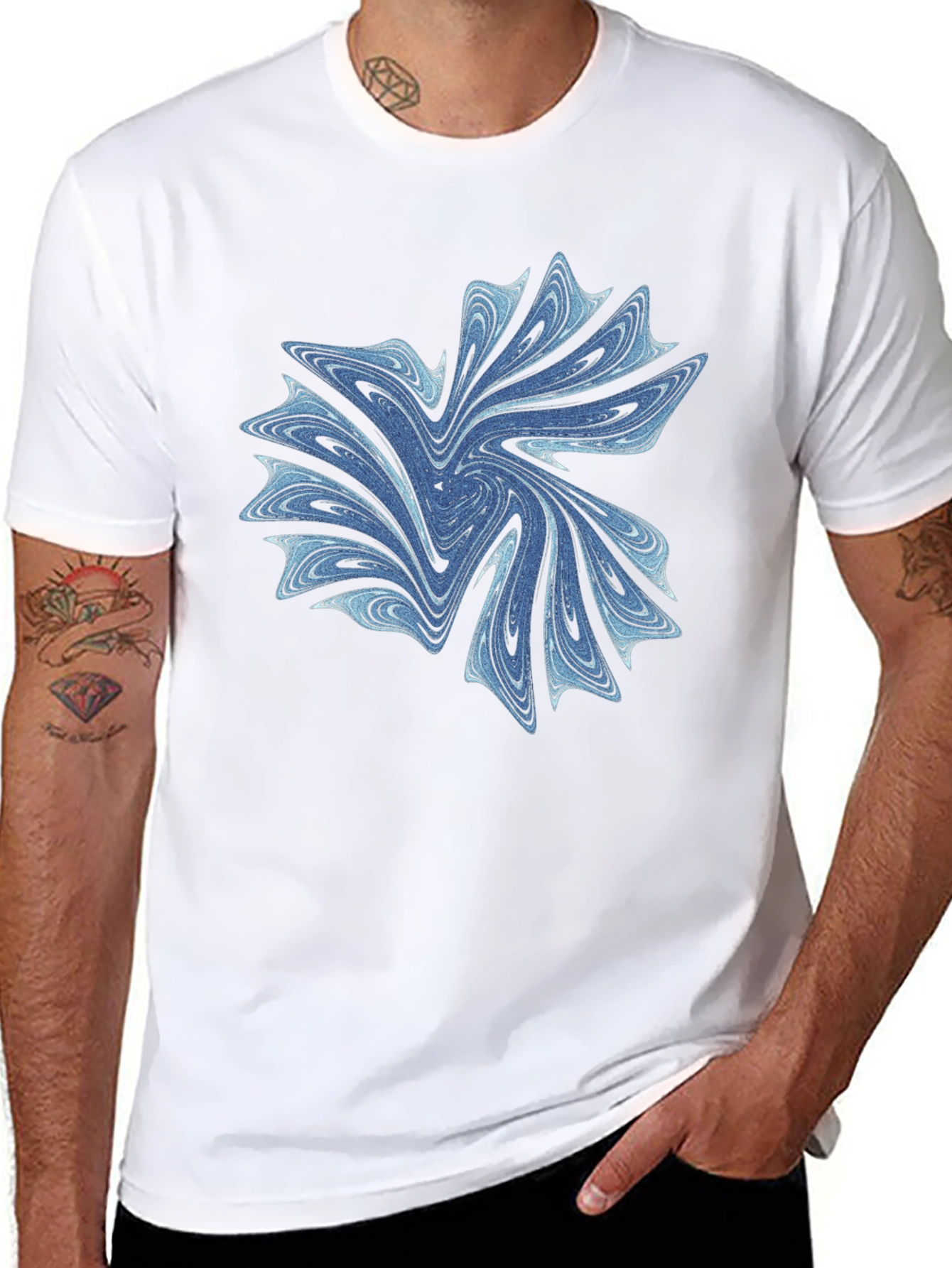 Abstract Blue Swirl Graphic Black T-Shirt