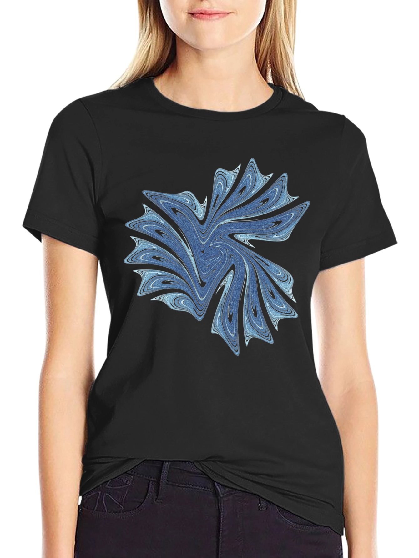 Abstract Blue Swirl Graphic Black T-Shirt