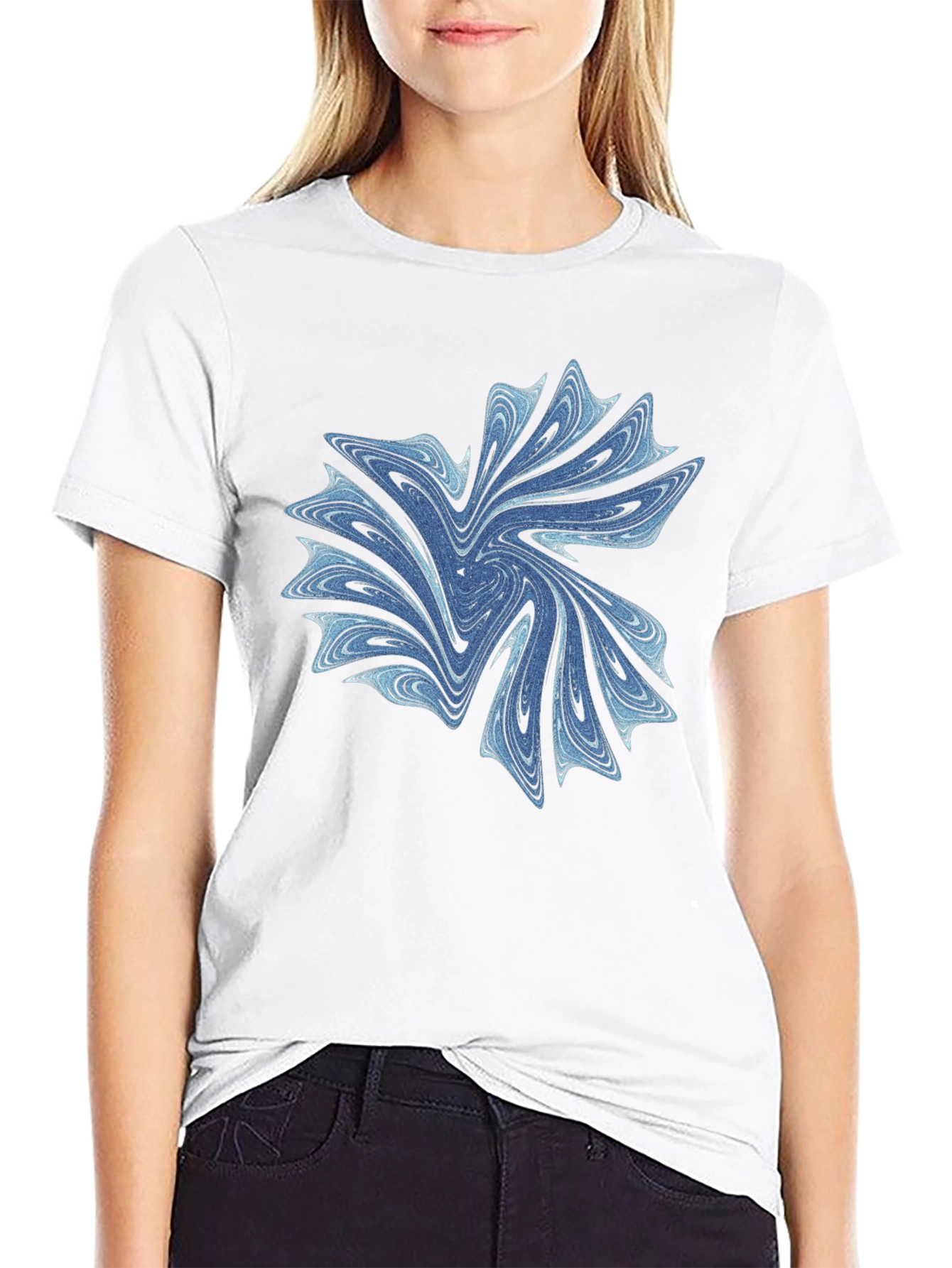 Abstract Blue Swirl Graphic Black T-Shirt
