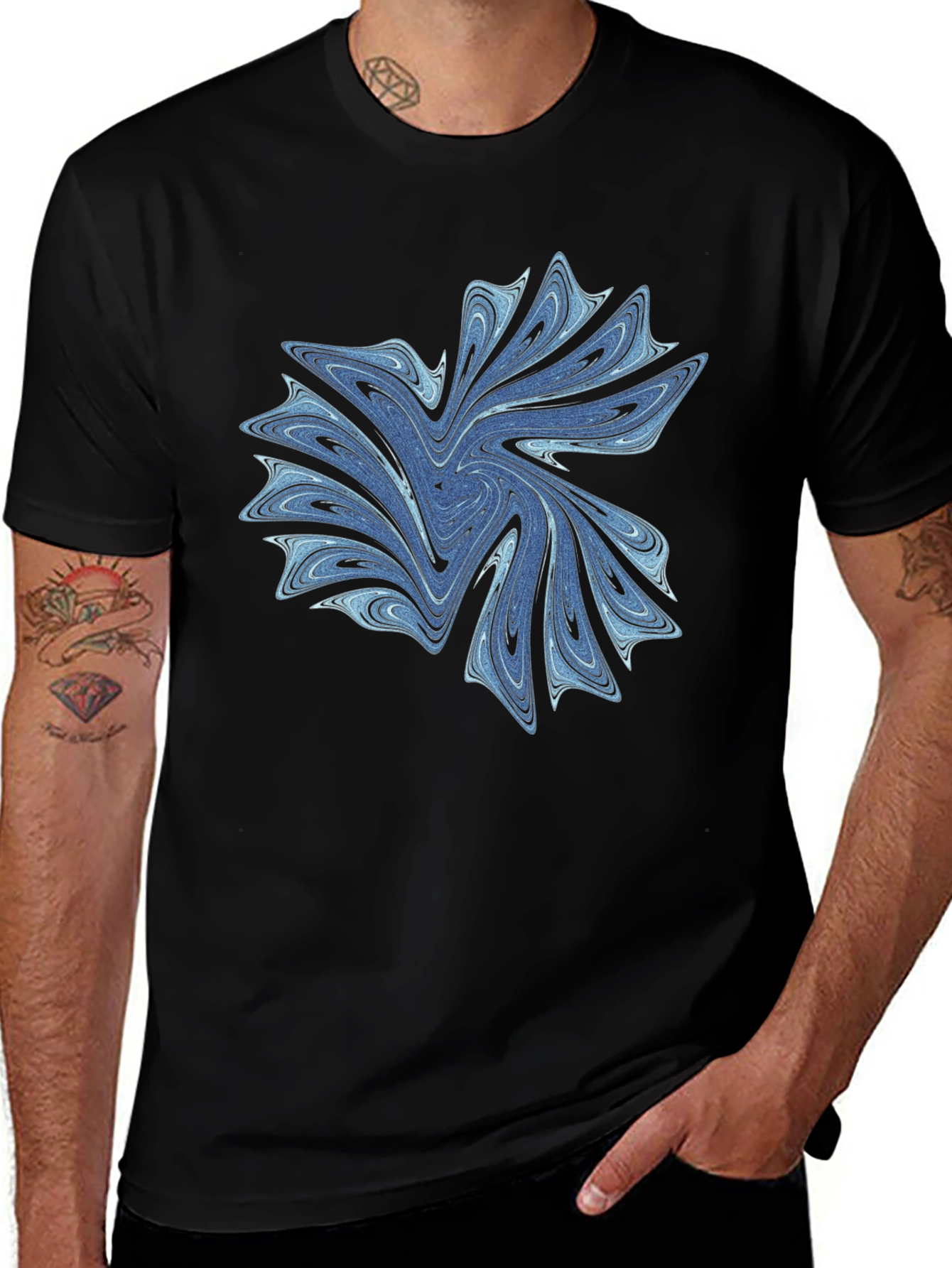 Abstract Blue Swirl Graphic Black T-Shirt