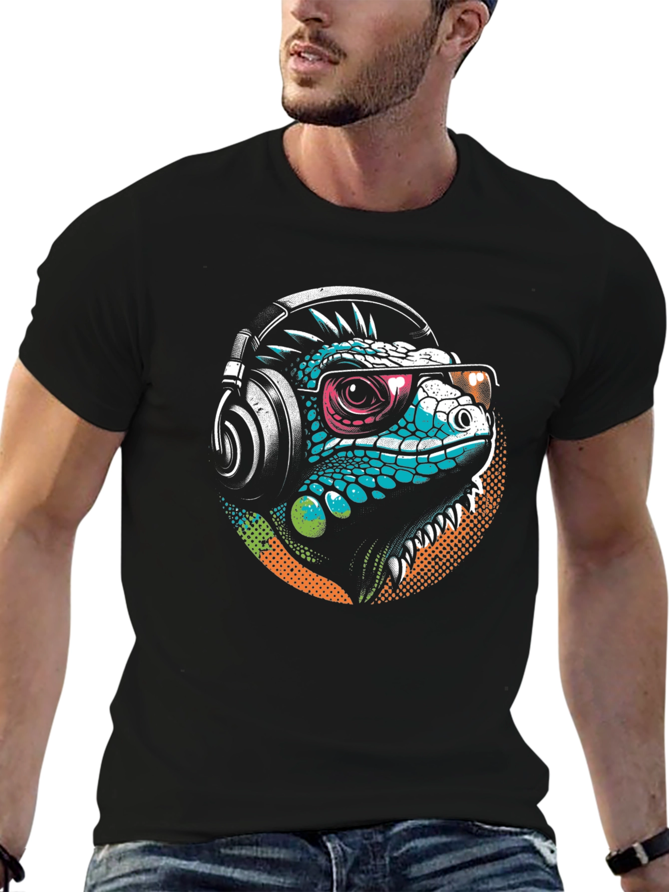 Cool Iguana Tee: Stylish Lizard with Headphones