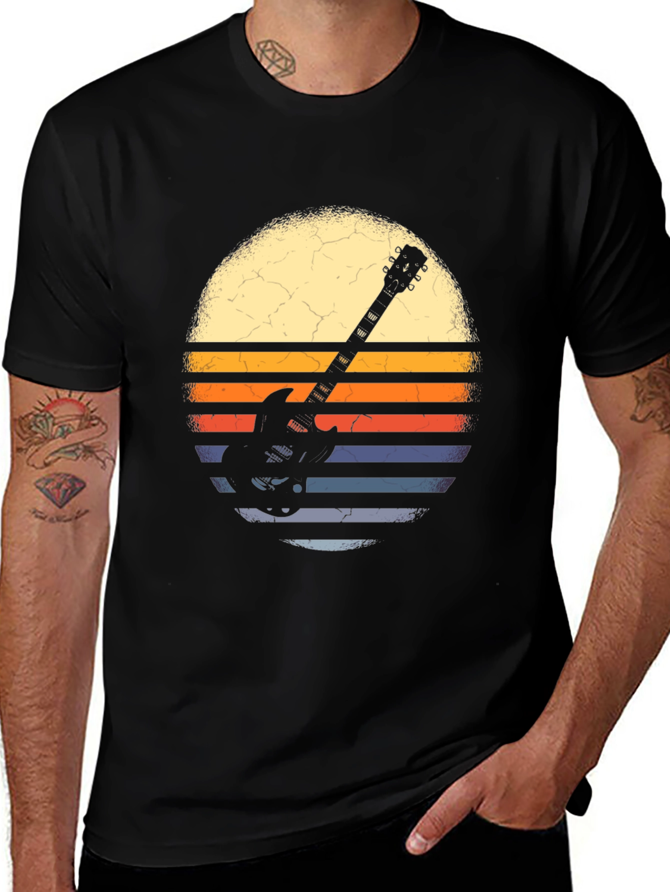 Retro Guitar Sunset Graphic Tee - Black