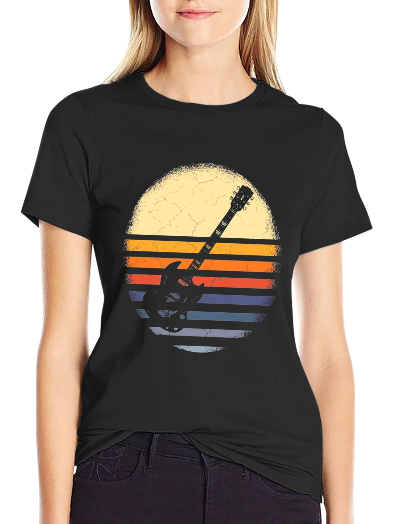 Retro Guitar Sunset Graphic Tee - Black