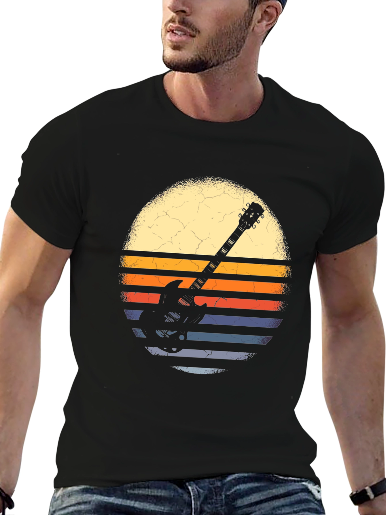 Retro Guitar Sunset Graphic Tee - Black
